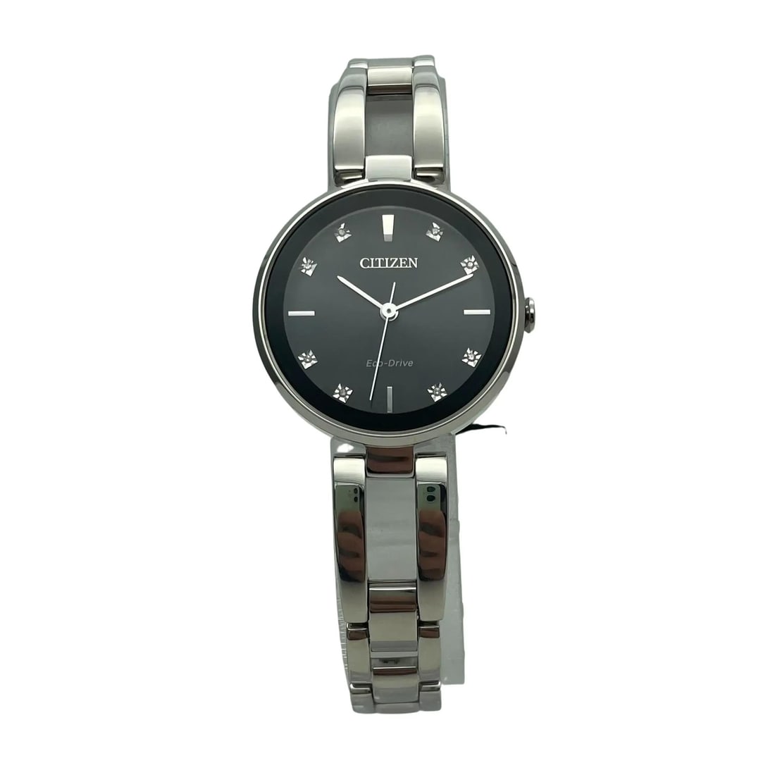 Citizen Axiom Ladies Quartz Watch EM0636-55F Black Dial Diamond Markers: Citizen Axiom Ladies Quartz Watch EM0636-55F Black Dial Diamond Markers Introducing the Citizen Axiom Ladies Quartz Watch, a perfect blend of elegance and functionality. This wristwatch features a str
