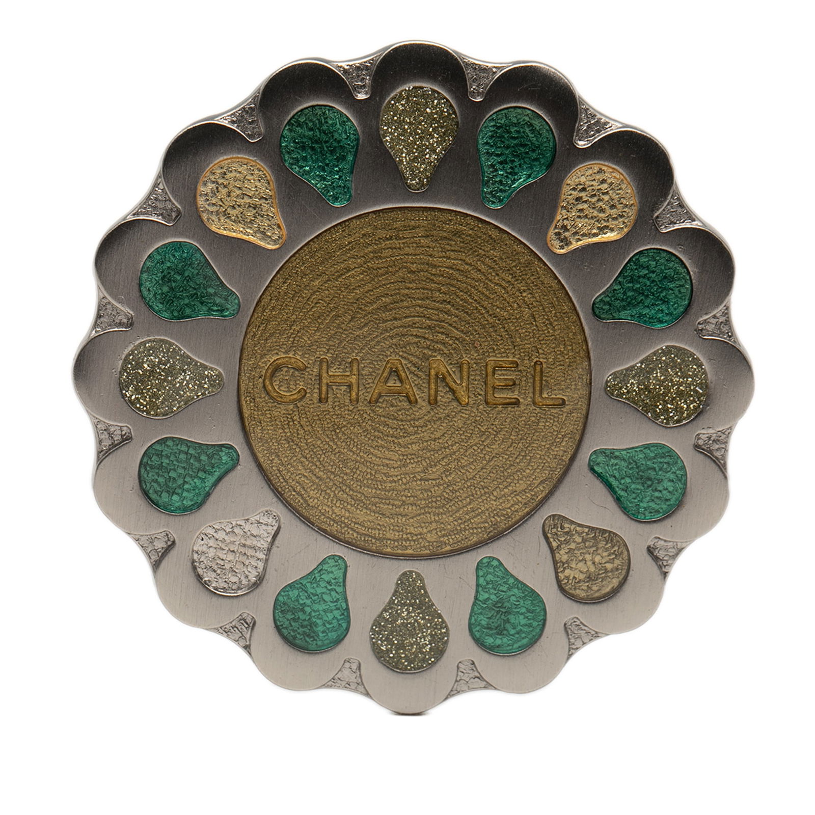 Chanel Silver Plated Floral Medallion Brooch from France: Chanel Silver Plated Floral Medallion Brooch from France This exquisite Chanel brooch showcases a stunning silver-plated floral medallion design, crafted from high-quality silver-tone metal. The brooc