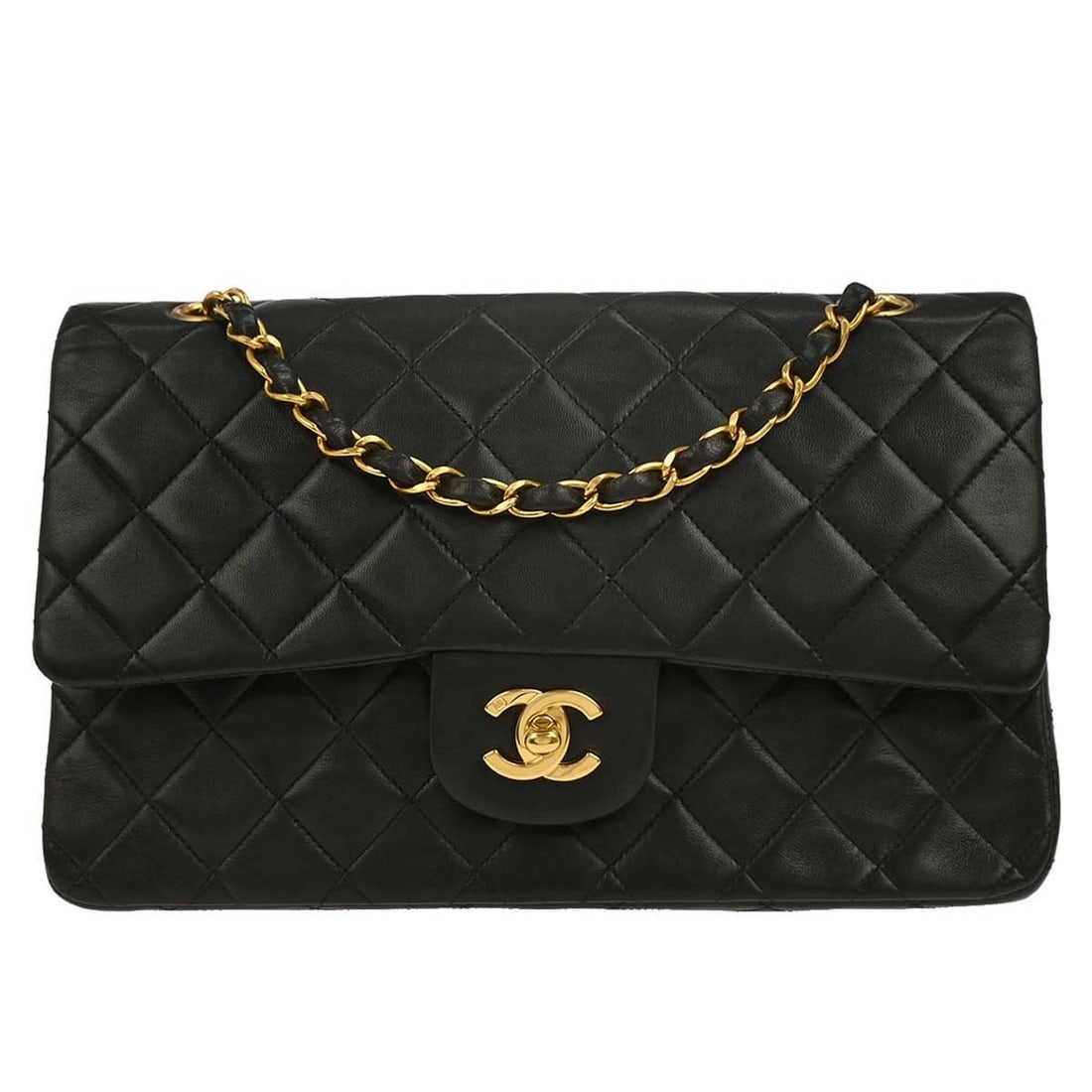 Chanel Black Lambskin Medium Classic Double Flap Shoulder Bag: Chanel Black Lambskin Medium Classic Double Flap Shoulder Bag This elegant Chanel Medium Classic Double Flap Shoulder Bag is crafted from luxurious black lambskin leather, showcasing the iconic matela