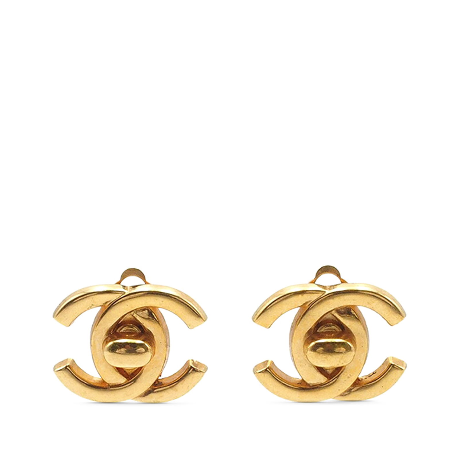 Chanel Gold Plated CC Turn Lock Clip-On Earrings France: Chanel Gold Plated CC Turn Lock Clip-On Earrings France Elevate your accessory collection with these exquisite Chanel Gold Plated CC Turn Lock Clip-on Earrings. Crafted from a luxurious gold-plated me