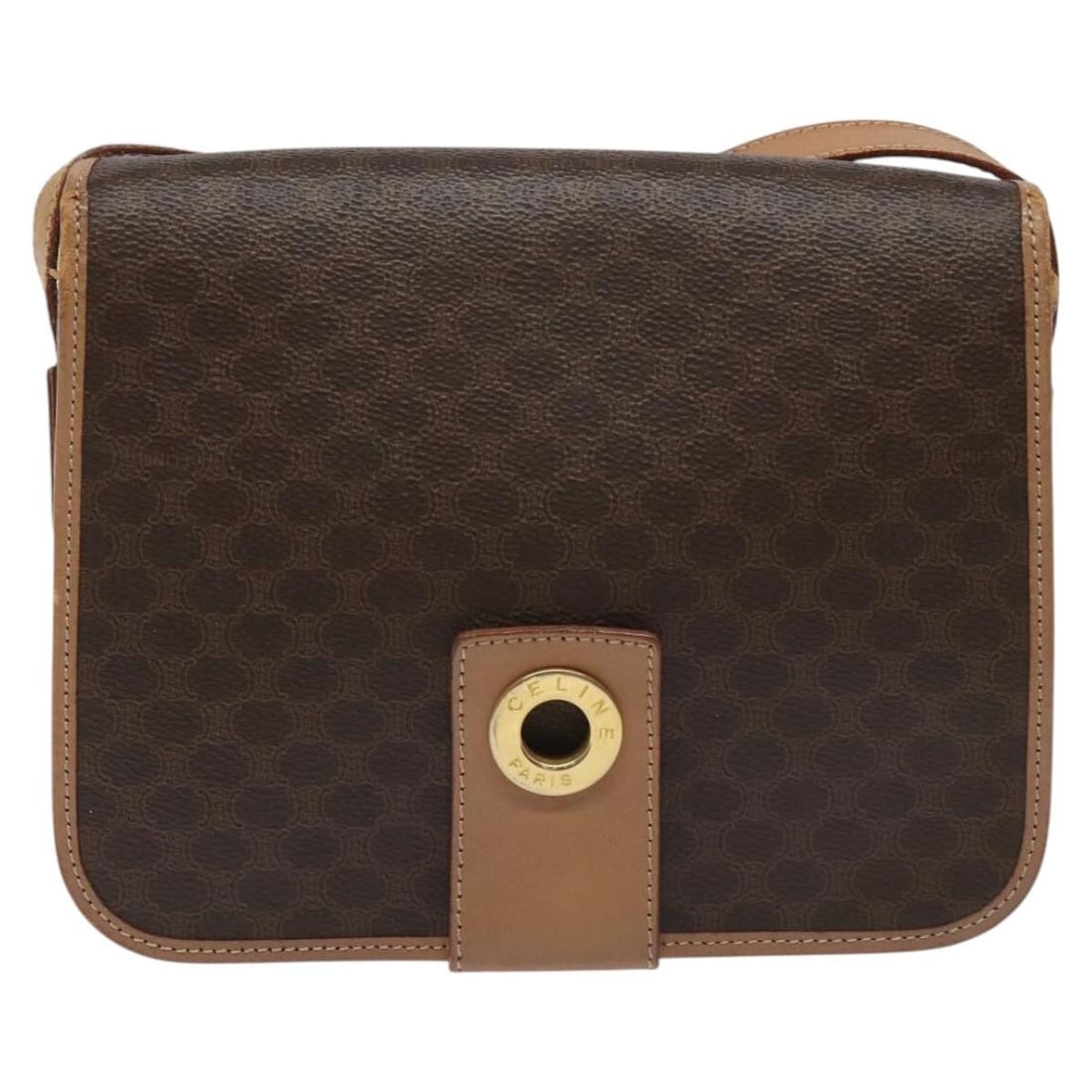 Macadam Shoulder Purse by Celine in Brown: Macadam Shoulder Purse by Celine in Brown This Celine Macadam shoulder bag in brown features the brand's signature design. It is crafted for female use and shows signs of prior storage and use, includ