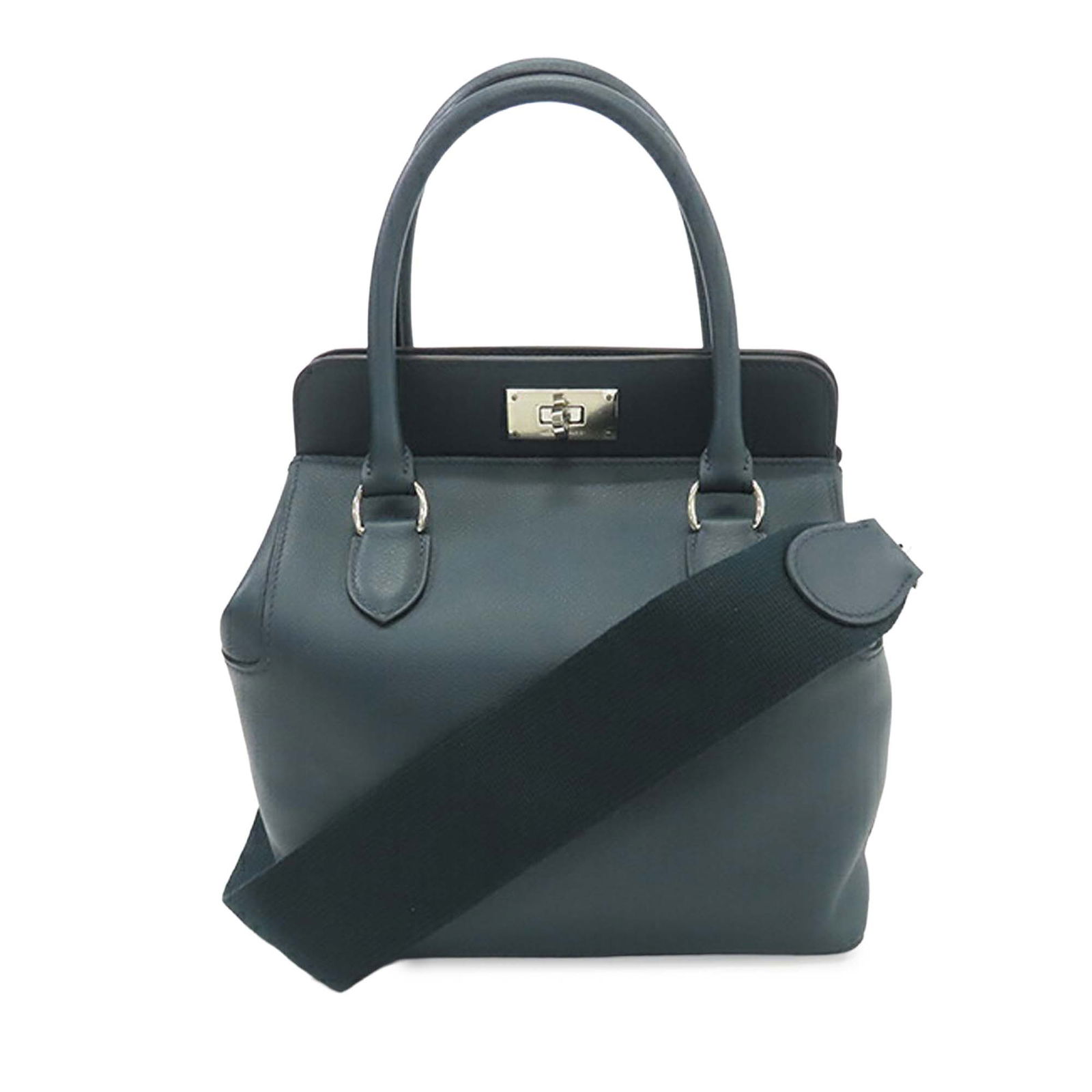 Hermes Toolbox 20 Blue Evercolor Leather Handbag with Detachable Strap: Hermes Toolbox 20 Blue Evercolor Leather Handbag with Detachable Strap This Hermes Evercolor Toolbox 20 bag features a blue Evercolor leather body with rolled leather handles and a detachable flat str