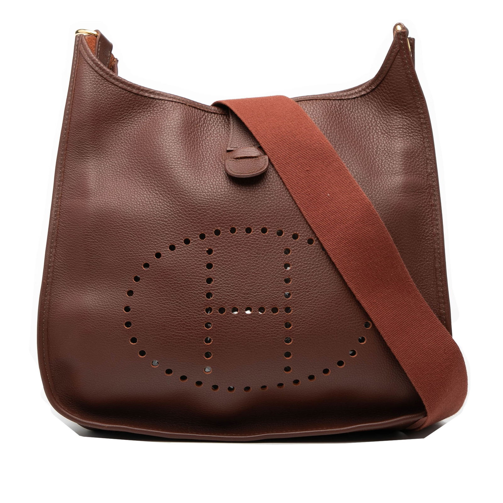 Hermes Evelyne I PM Clemence Leather Havane Brown Shoulder Bag: Hermes Evelyne I PM Clemence Leather Havane Brown Shoulder Bag The Hermes Clemence Evelyne I PM is crafted from Clemence leather in a rich Havane brown color. It features a detachable flat canvas stra