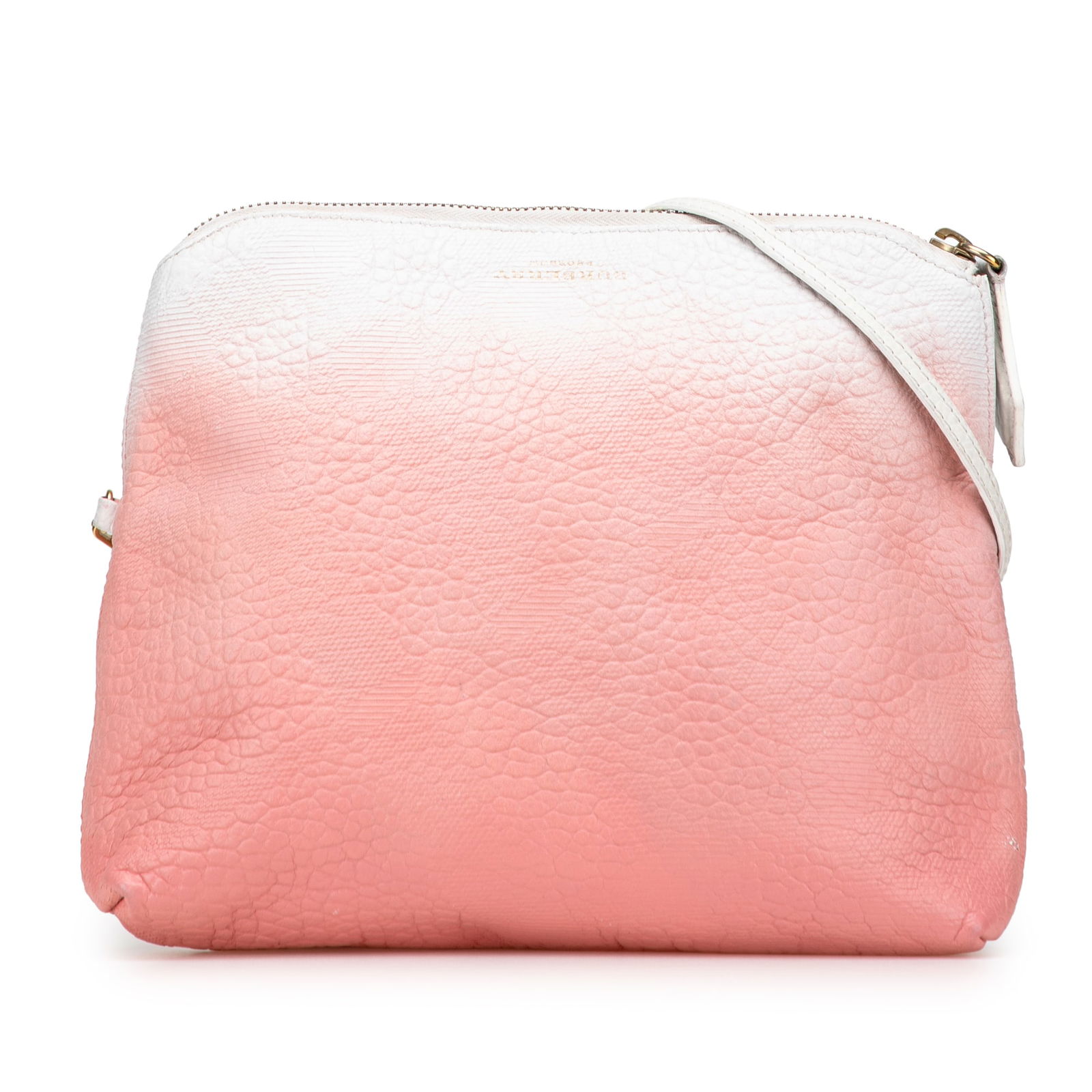 Burberry Pink Leather Crossbody Bag with Zip Closure: Burberry Pink Leather Crossbody Bag with Zip Closure This stylish Burberry Leather Crossbody is crafted from premium leather and features a chic pink hue. It is designed with a flat leather strap for