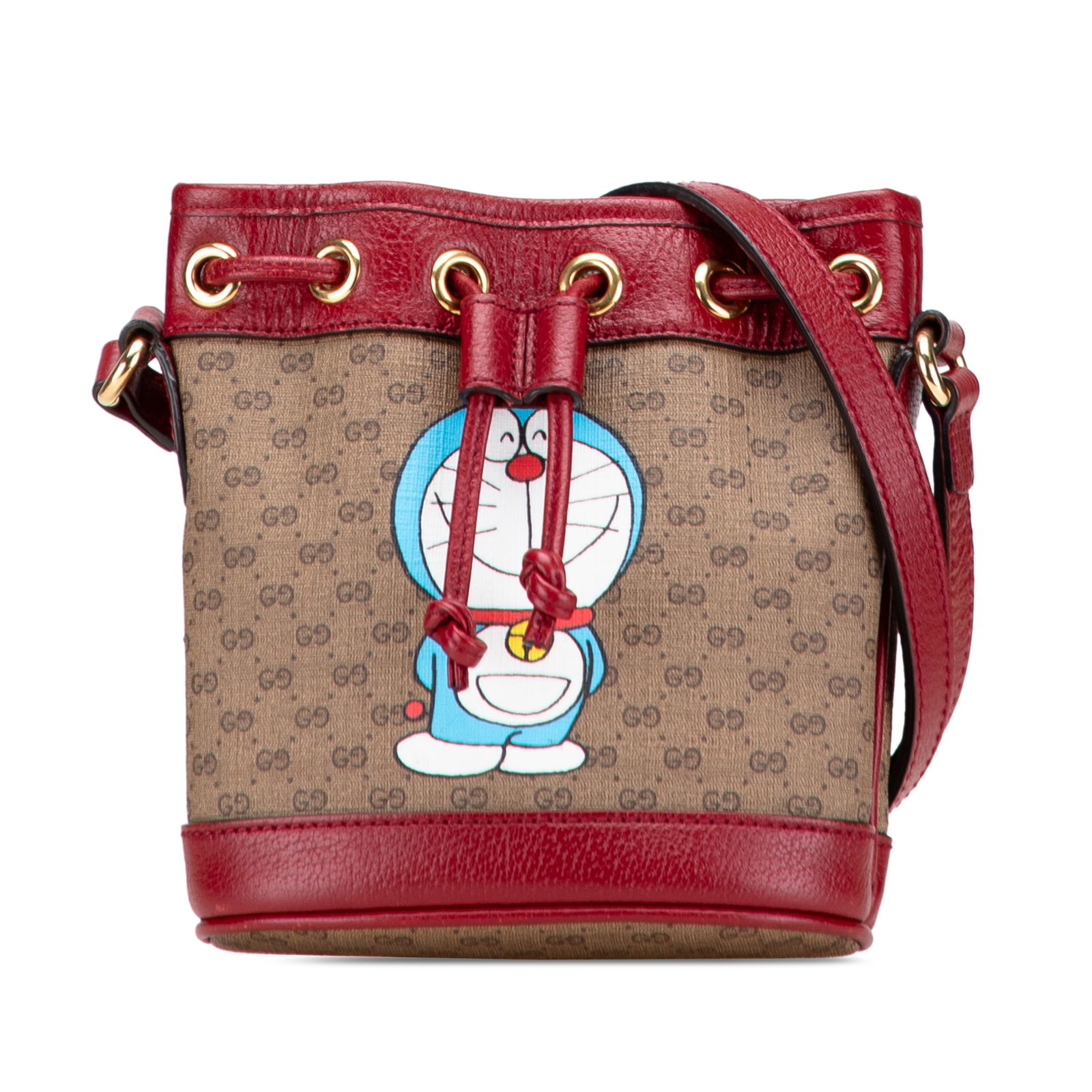 Gucci Micro GG Supreme Doraemon Bucket Bag Brown Leather Trim: Gucci Micro GG Supreme Doraemon Bucket Bag Brown Leather Trim Elevate your accessory game with the Gucci Micro GG Supreme Doraemon Bucket Bag. This stylish bucket bag is crafted from coated canvas wit