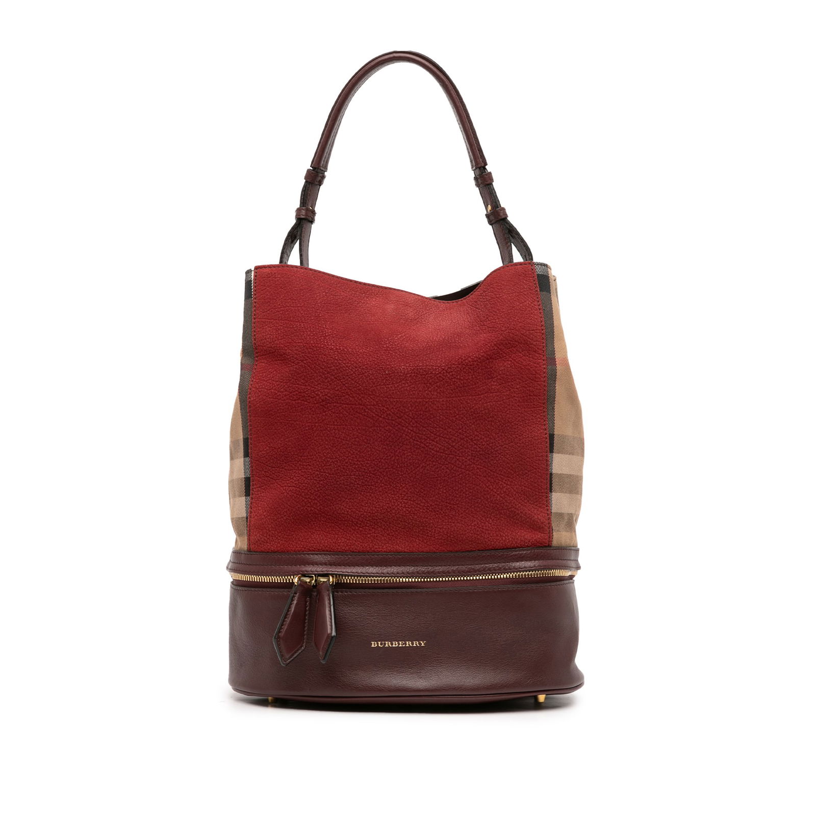 Burberry Beckett Bucket Bag Nubuck Canvas Red Italy: Burberry Beckett Bucket Bag Nubuck Canvas Red Italy The Burberry Nubuck and House Check Canvas Beckett Bucket Bag is a stylish accessory that showcases a combination of nubuck and calf leather with di
