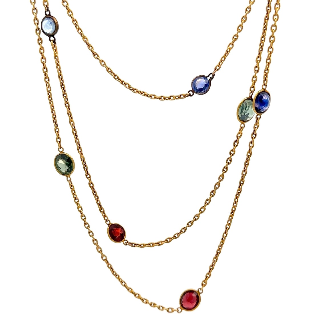 Vintage 38 Inch Handmade 8k Gold Sapphire Multi Gemstone Necklace: Vintage 38 Inch Handmade 8k Gold Sapphire Multi Gemstone Necklace Discover the elegance of this Vintage Handmade Gold Multi Gemstones & Sapphire Station Necklace, featuring a stunning collection of na