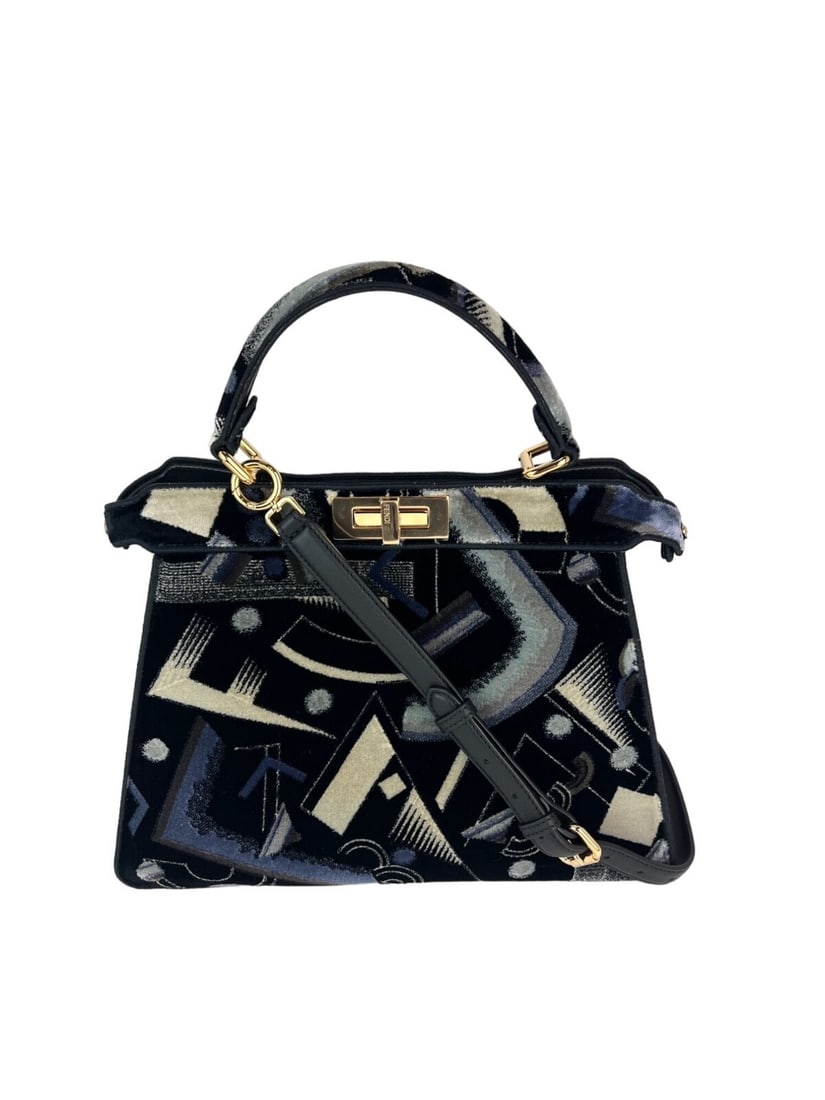 Fendi Peekaboo I See U Medium Velvet Satchel Bag Black Blue: Fendi Peekaboo I See U Medium Velvet Satchel Bag Black Blue Elevate your accessory collection with the Fendi Peekaboo I See U Medium Satchel Bag, featuring a luxurious black and blue printed velvet ex
