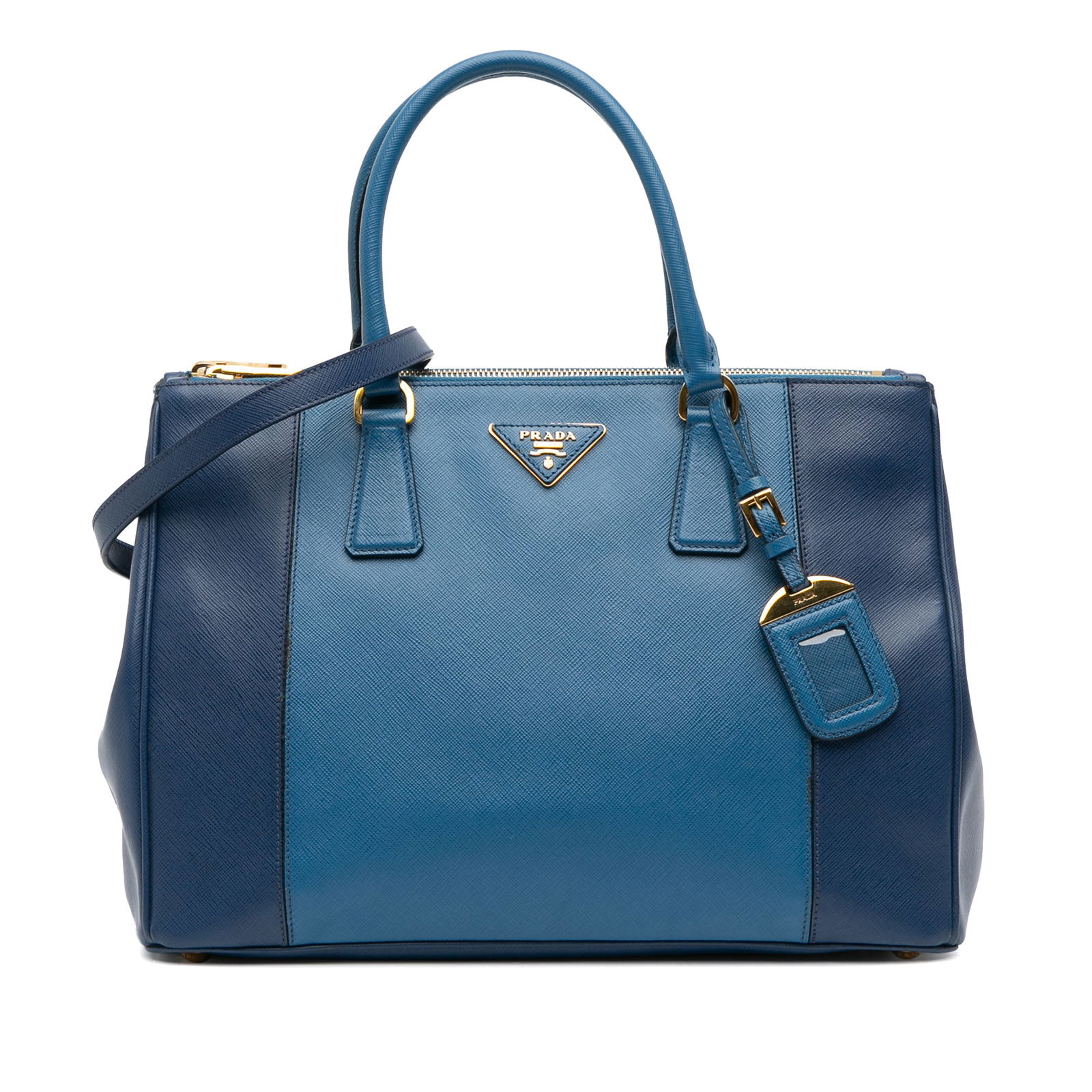 Prada Medium Bicolor Saffiano Lux Galleria Double Zip Satchel Blue Leather Italy: Prada Medium Bicolor Saffiano Lux Galleria Double Zip Satchel Blue Leather Italy Introducing the Prada Medium Bicolor Saffiano Lux Galleria Double Zip Satchel, a stylish and functional handbag crafted
