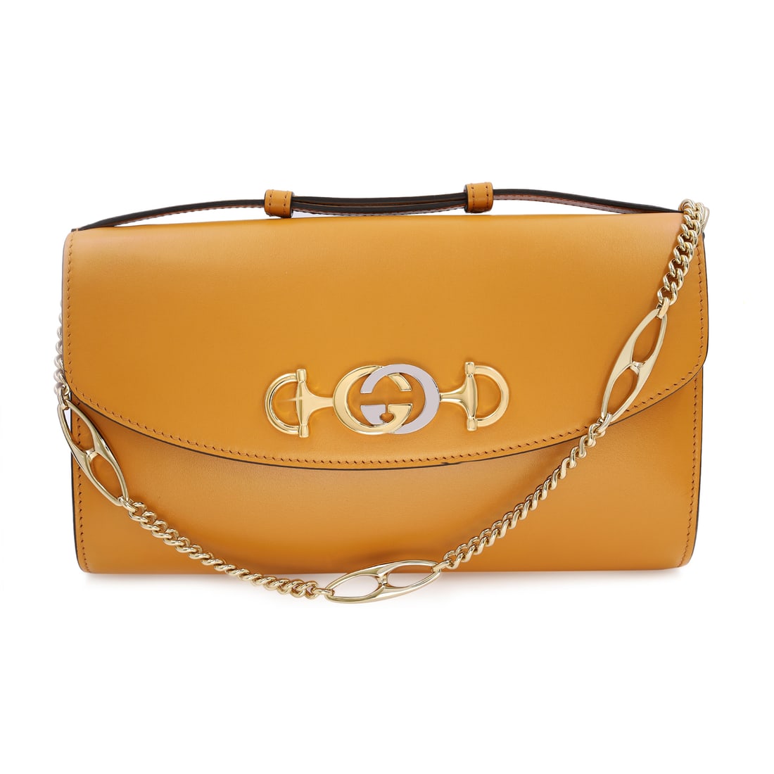 Gucci Zumi Mustard Yellow Leather Small Shoulder Bag with Gold Tone Chain: Gucci Zumi Mustard Yellow Leather Small Shoulder Bag with Gold Tone Chain Elevate your style with the Gucci Zumi Small Shoulder Bag, crafted from smooth mustard yellow leather. This exquisite handbag