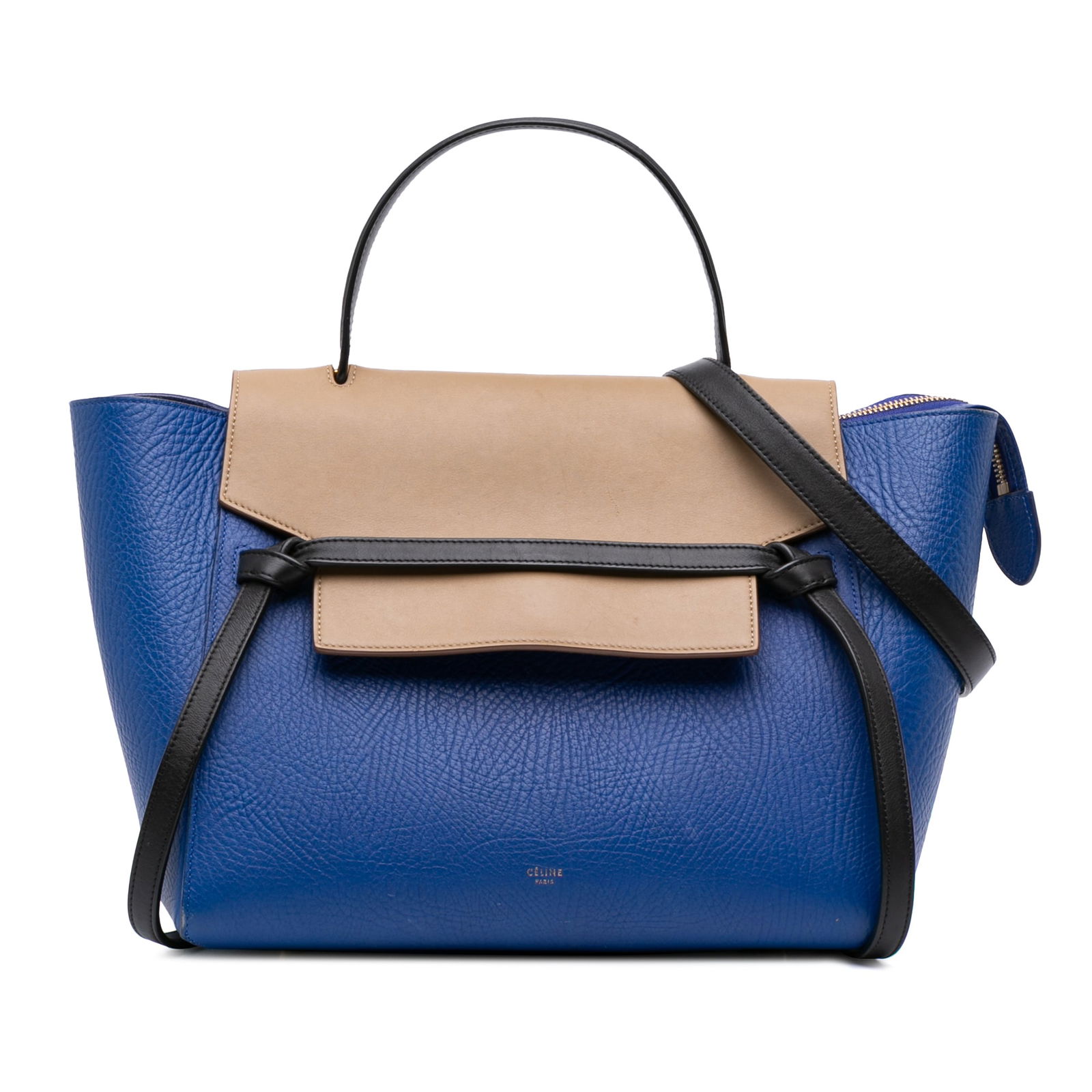 Celine Mini Tricolor Grained Calfskin Belt Bag in Blue: Celine Mini Tricolor Grained Calfskin Belt Bag in Blue This Celine Mini Tricolor Grained Calfskin Belt Bag is an elegant satchel crafted from grained calf leather. It features a flat leather top handl