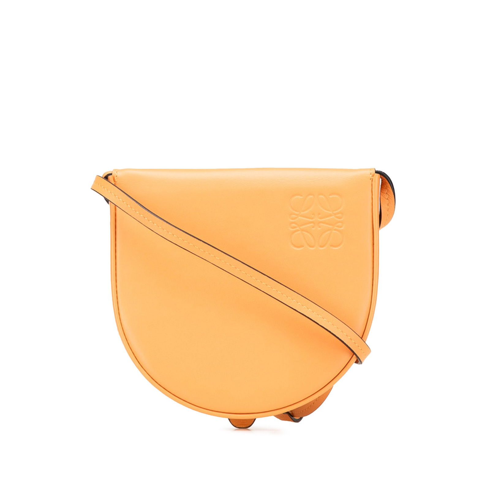 LOEWE Orange Small Soft Calfskin Heel Pouch Crossbody Bag: LOEWE Orange Small Soft Calfskin Heel Pouch Crossbody Bag This LOEWE Small Soft Calfskin Heel Pouch is a stylish and functional crossbody bag crafted from high-quality leather. It features a flat shou