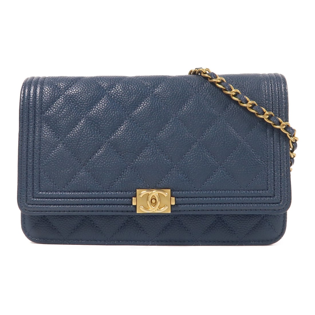 CHANEL Boy Wallet On Chain Shoulder Bag Blue Calfskin GHW: CHANEL Boy Wallet On Chain Shoulder Bag Blue Calfskin GHW Introducing the CHANEL Boy Wallet On Chain, an elegant shoulder bag crafted from premium calfskin leather in a striking blue hue. This versati