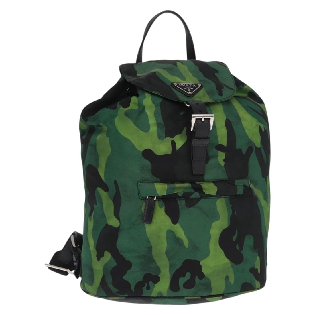 Green Camouflage Backpack by Prada with Adjustable Straps: Green Camouflage Backpack by Prada with Adjustable Straps This pre-owned Prada camouflage backpack is in very clean condition, with only slight signs of use such as minor rubbing on the surface, handl