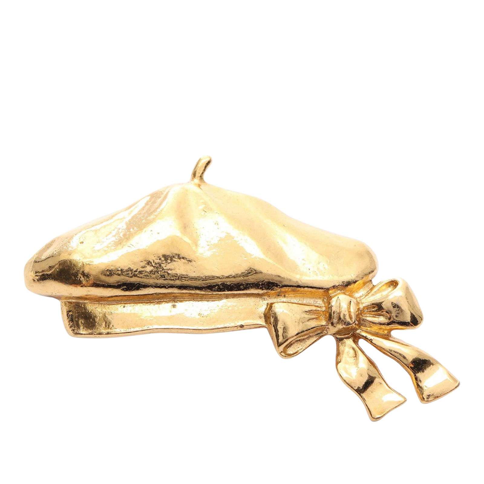 Chanel Beret Design Gold Plated Metal Brooch Pin Accessory: Chanel Beret Design Gold Plated Metal Brooch Pin Accessory This Chanel brooch features a gold-plated metal body with a beret motif and ribbon design. It is equipped with a back pin closure. The brooch