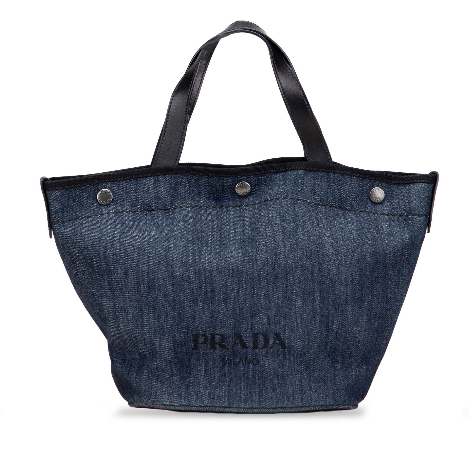 Prada Denim Logo Satchel Blue Fabric Bag from Italy: Prada Denim Logo Satchel Blue Fabric Bag from Italy The Prada Denim Logo Satchel is a stylish accessory featuring a durable denim body with flat handles for comfortable carrying. It boasts an open top