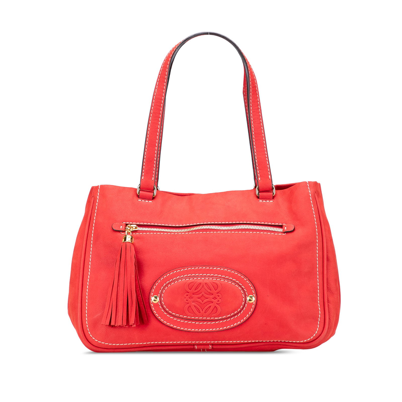 LOEWE Nubuck Anagram Fringe Shoulder Bag Red Leather: LOEWE Nubuck Anagram Fringe Shoulder Bag Red Leather Introducing the LOEWE Nubuck Anagram Madrid Fringe Shoulder Bag, a stylish accessory that combines elegance with functionality. This bag features a