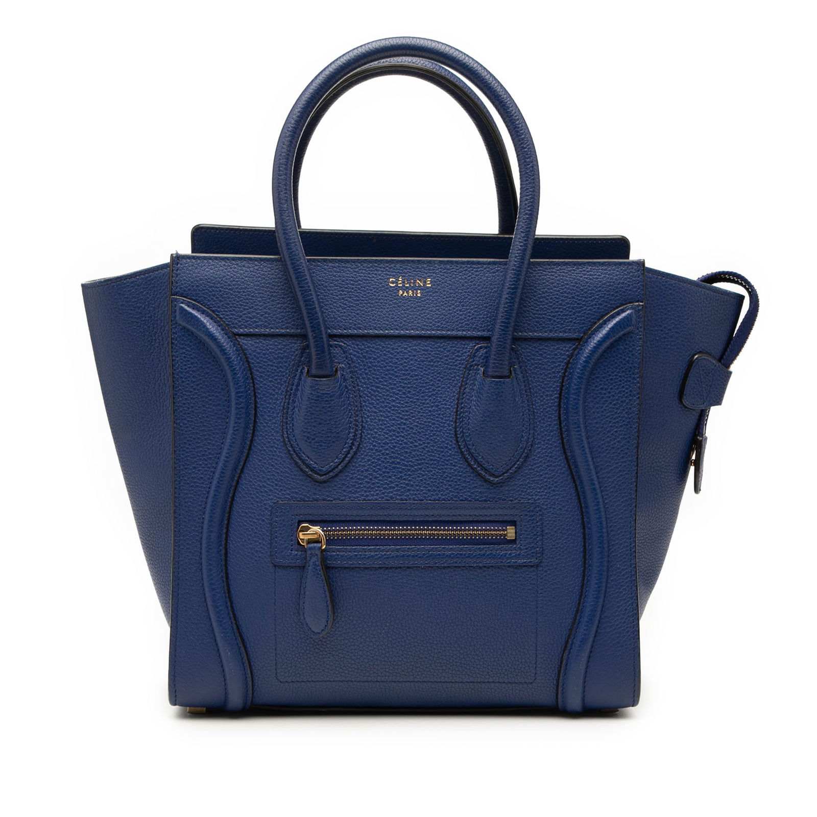 Celine Micro Luggage Tote Blue Calfskin Leather Handbag: Celine Micro Luggage Tote Blue Calfskin Leather Handbag This Celine Micro Calfskin Luggage Tote features a blue leather body with rolled leather handles, a top zip closure, an exterior front zip pocke