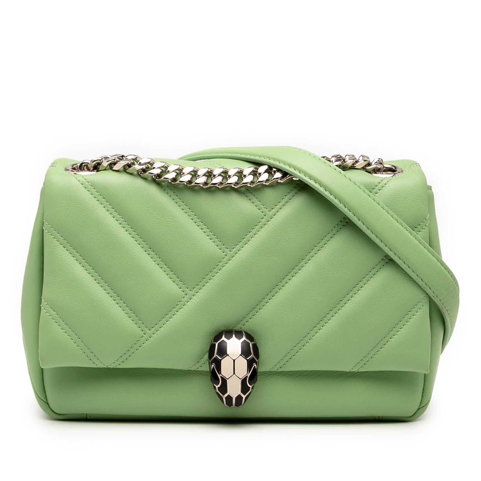 Bvlgari Green Leather Serpenti Cabochon Chain Crossbody Bag: Bvlgari Green Leather Serpenti Cabochon Chain Crossbody Bag Introducing the Bvlgari Leather Serpenti Cabochon Chain Crossbody, a luxurious and stylish accessory that showcases timeless Italian craftsm
