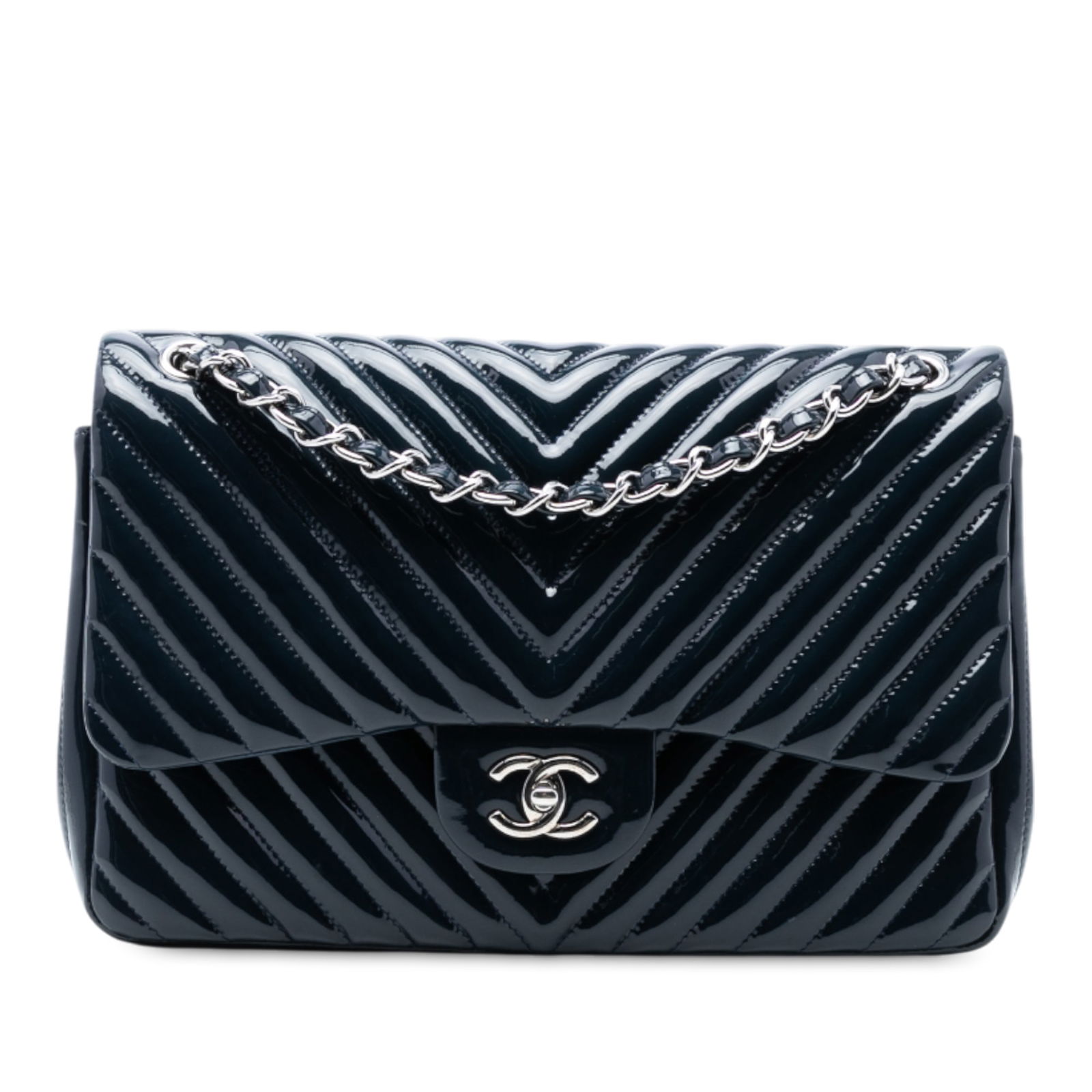 Chanel Jumbo Classic Chevron Patent Leather Double Flap Bag Blue: Chanel Jumbo Classic Chevron Patent Leather Double Flap Bag Blue Elevate your style with this Chanel Jumbo Classic Chevron Patent Double Flap shoulder bag. Crafted from luxurious quilted patent leathe