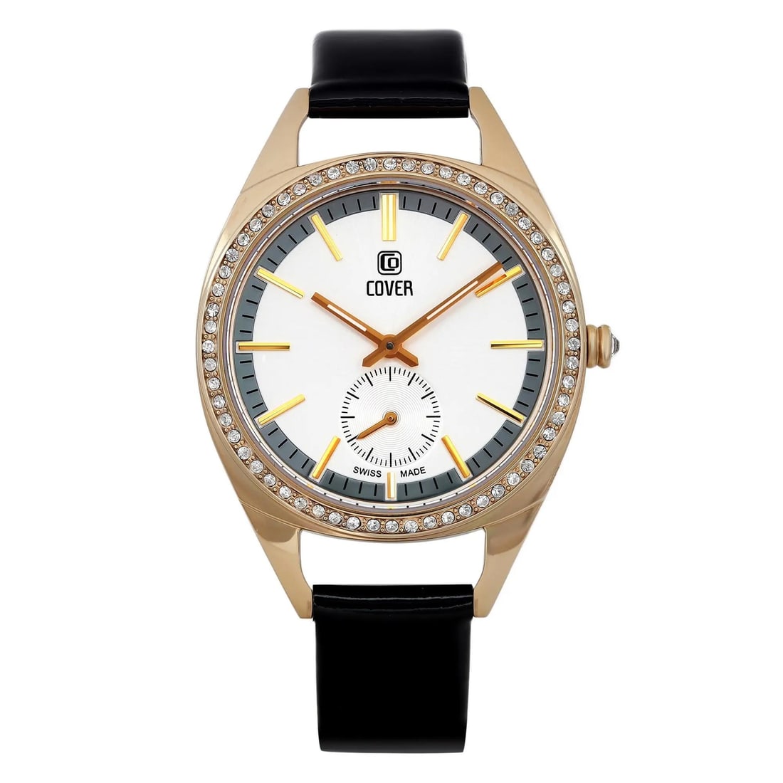 Cover Ladies Quartz Watch Silver Dial Gold Fixed Bezel Black Leather Band (1 of 4)