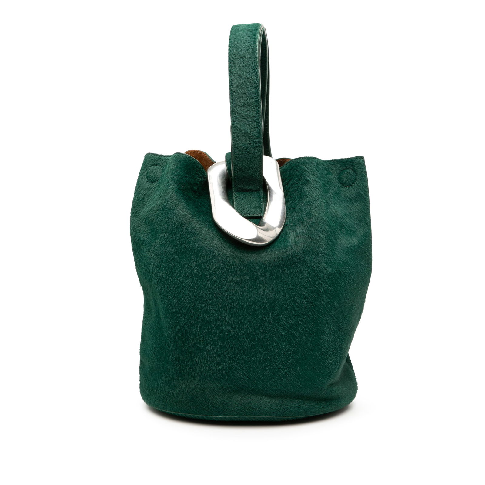 Bottega Veneta Green Pony Hair Small Drop Bucket Shoulder Bag: Bottega Veneta Green Pony Hair Small Drop Bucket Shoulder Bag This Bottega Veneta Small Drop Bucket Bag features a green pony hair body, a flat strap, an open top with magnetic snap closures, and an i
