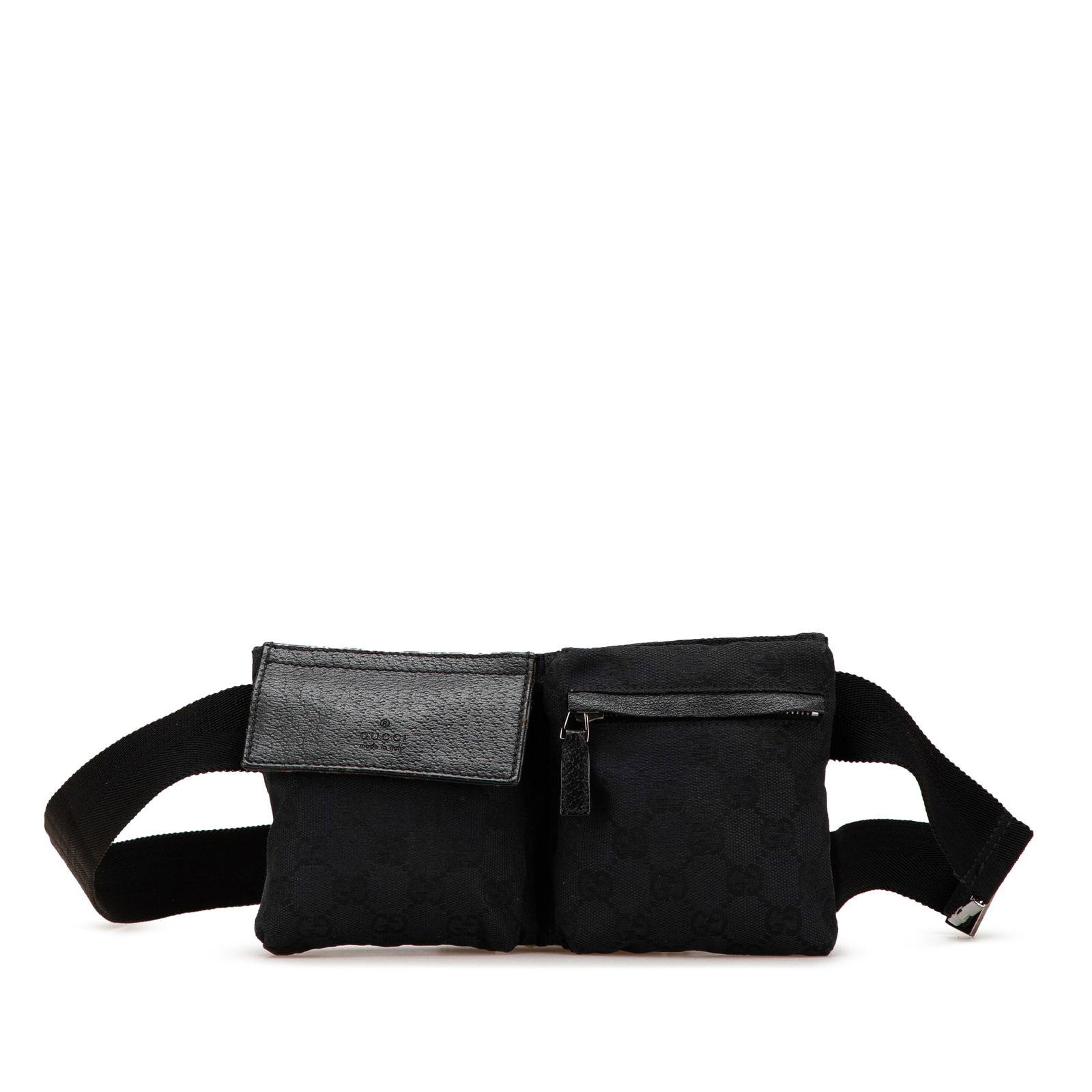 Gucci GG Canvas Double Pocket Black Belt Bag with Leather Trim (1 of 10)