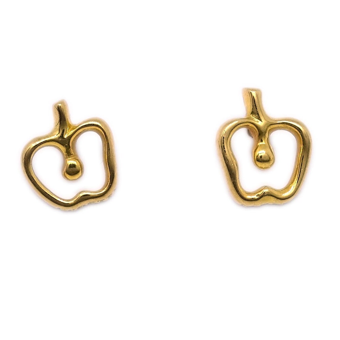 Elsa Peretti Apple Earrings by Tiffany & Co. Gold Tone Studs: Elsa Peretti Apple Earrings by Tiffany & Co. Gold Tone Studs These Elsa Peretti Apple stud earrings by Tiffany & Co. feature a distinctive apple design. Crafted for women, they are in good condition w