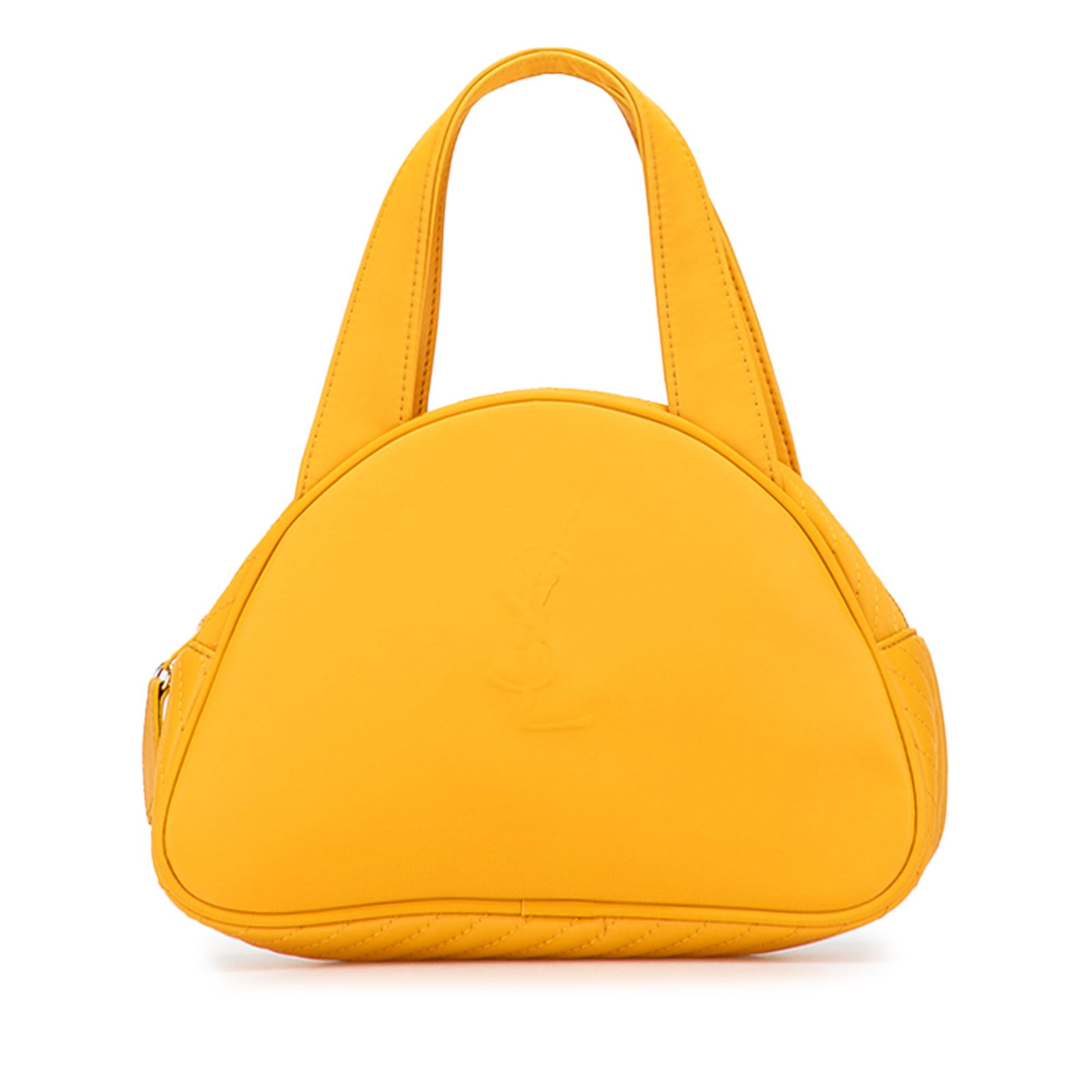 Saint Laurent Yellow Nylon Logo Handbag with Top Zip Closure: Saint Laurent Yellow Nylon Logo Handbag with Top Zip Closure This stylish Saint Laurent Nylon Logo Handbag is crafted from durable nylon, featuring flat handles and a top zip closure for secure storag