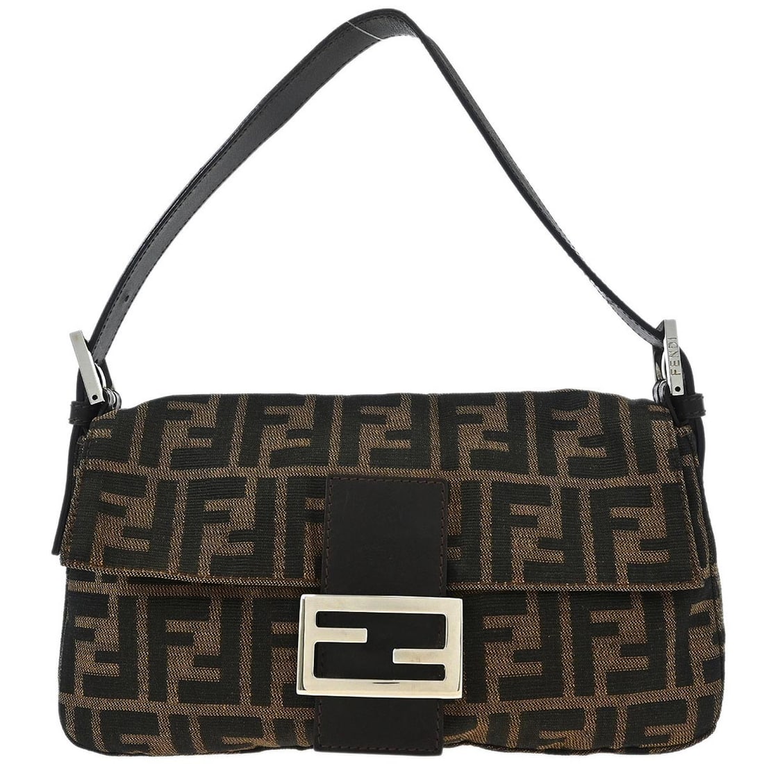 Fendi Brown Zucca Baguette Handbag 2288-26424-008 with Silver Hardware: Fendi Brown Zucca Baguette Handbag 2288-26424-008 with Silver Hardware This Fendi Brown Zucca Baguette Handbag is a stylish accessory perfect for casual occasions. Crafted from durable canvas, it feat