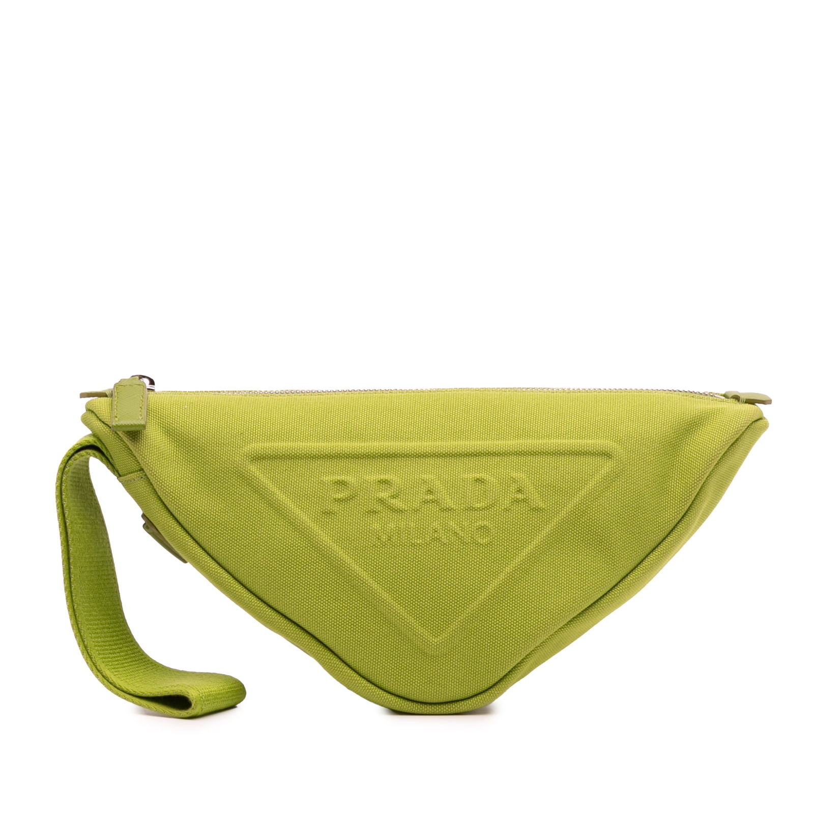 Prada Green Canvas Canapa Triangle Logo Wristlet Clutch Bag: Prada Green Canvas Canapa Triangle Logo Wristlet Clutch Bag This Prada Canvas Canapa Triangle Logo Wristlet Clutch is a stylish and functional accessory featuring a durable canvas body in a vibrant gr