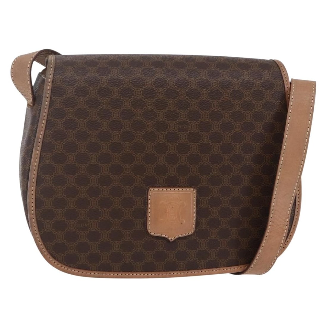 Celine Macadam Brown Shoulder Purse with Leather Accents: Celine Macadam Brown Shoulder Purse with Leather Accents This pre-owned Celine Macadam shoulder bag is crafted in brown leather and designed for women. It features signs of use, including surface defo