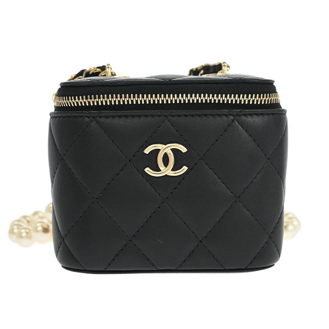 Black Chanel Vanity Shoulder Bag with Pearl Accent Chain: Black Chanel Vanity Shoulder Bag with Pearl Accent Chain This Chanel Vanity Case with Pearl Chain in black is a feminine shoulder bag featuring an elegant artificial pearl chain. The exterior is in ve