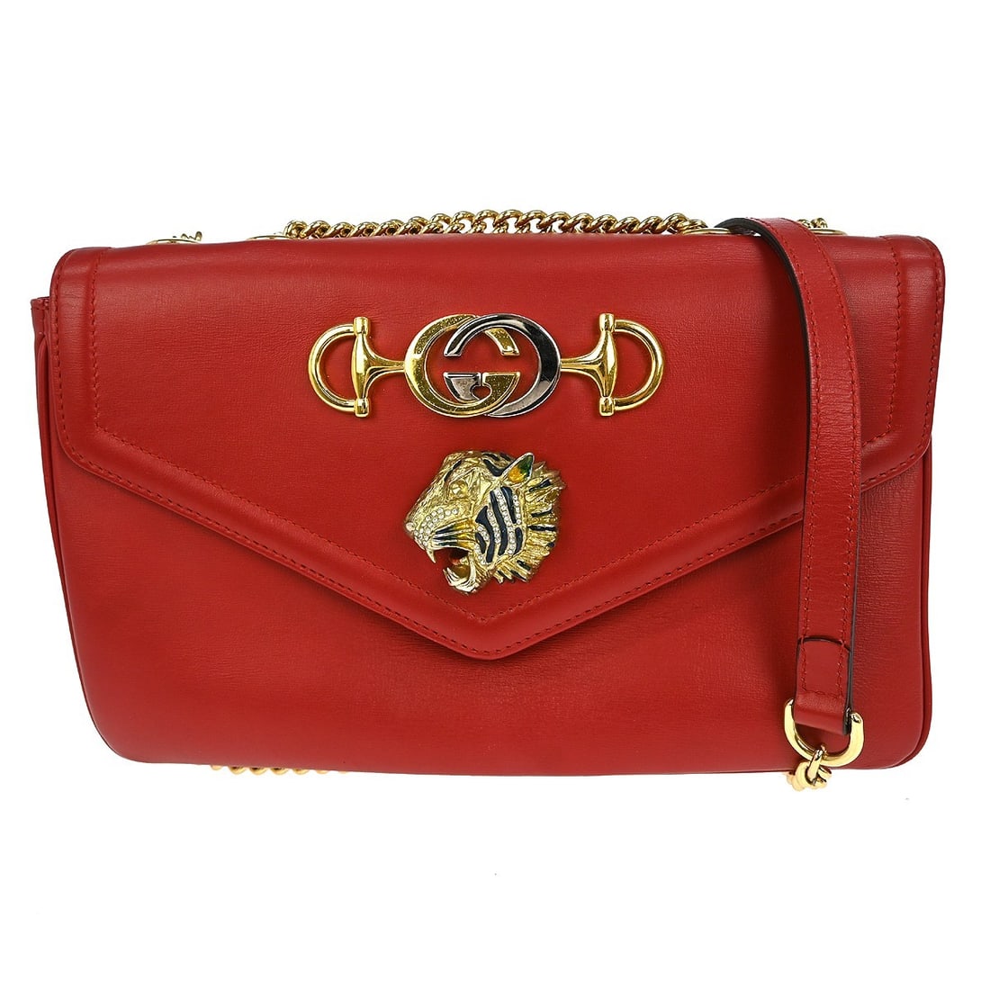 Gucci Rajah Small Red Leather Tiger Head Shoulder Bag 537241 486628: Gucci Rajah Small Red Leather Tiger Head Shoulder Bag 537241 486628 This Gucci Red Rajah Tiger Head shoulder bag features a bold red leather exterior and is accented with gold-tone hardware. Designed