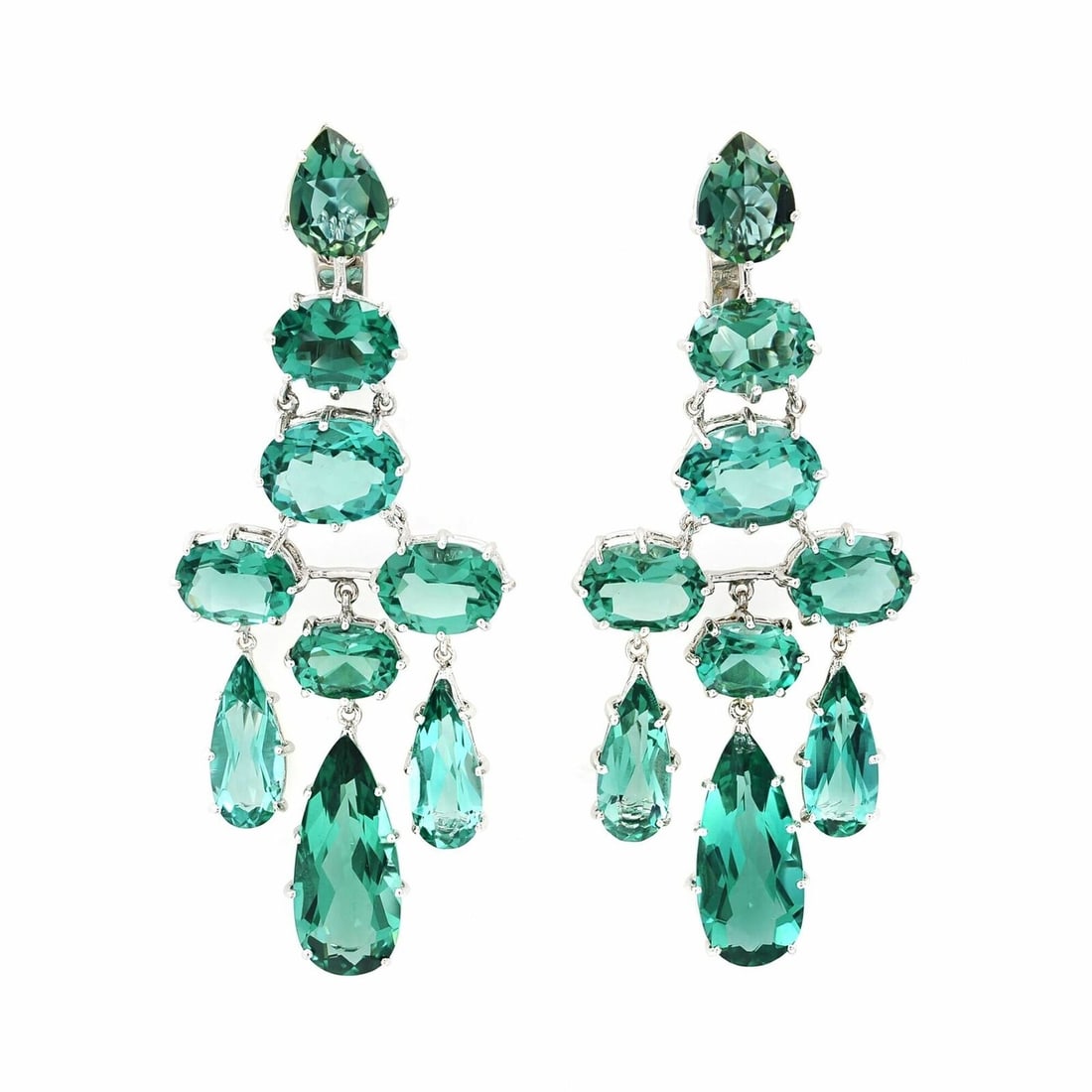 Rachel Koen Green Quartz Drop Earrings 14K White Gold 24.82Cttw: Rachel Koen Green Quartz Drop Earrings 14K White Gold 24.82Cttw Experience the elegance of these stunning Green Quartz chandelier drop earrings by Rachel Koen. Crafted from luxurious 14k white gold, t