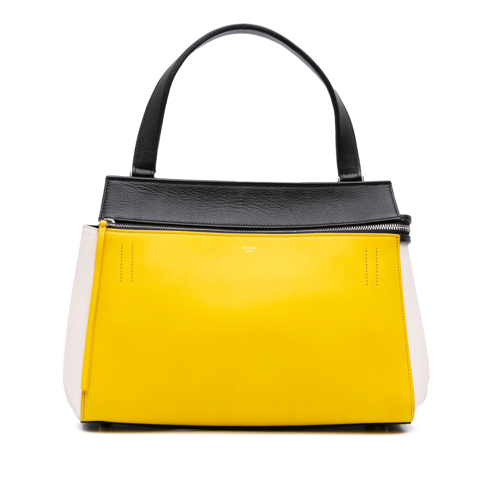 Celine Medium Tricolor Leather Edge Handbag Yellow Italy: Celine Medium Tricolor Leather Edge Handbag Yellow Italy This Celine Medium Tricolor Leather Edge Handbag showcases a stylish tricolor leather body complemented by a flat leather handle. It features a