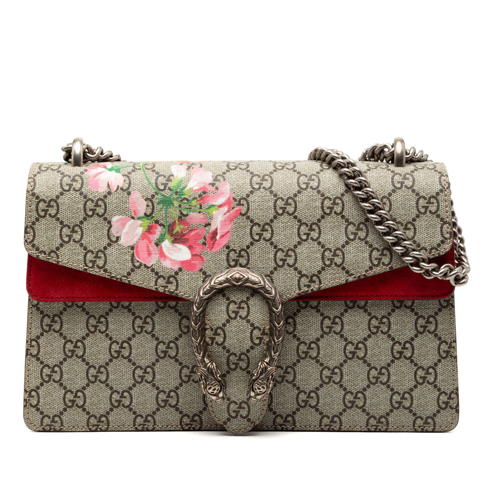 Gucci Dionysus Small Blooms GG Supreme Canvas Shoulder Bag with Suede Trim: Gucci Dionysus Small Blooms GG Supreme Canvas Shoulder Bag with Suede Trim The Gucci Small GG Supreme Blooms Dionysus Shoulder Bag features a coated canvas body accented with suede leather trim and a