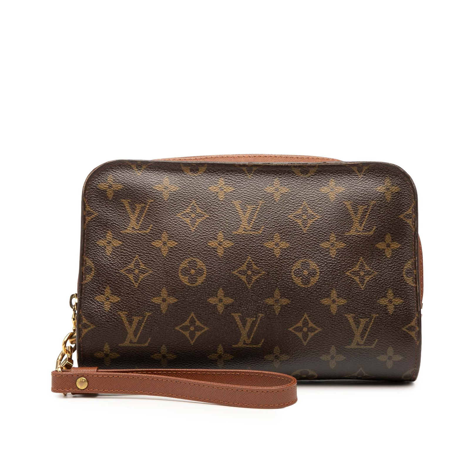 Monogram Orsay brown wristlet bag with leather trim by Louis Vuitton: Monogram Orsay brown wristlet bag with leather trim by Louis Vuitton The Louis Vuitton Monogram Orsay features a classic monogram canvas body with leather trim, a flat leather wrist strap, a zip-aroun