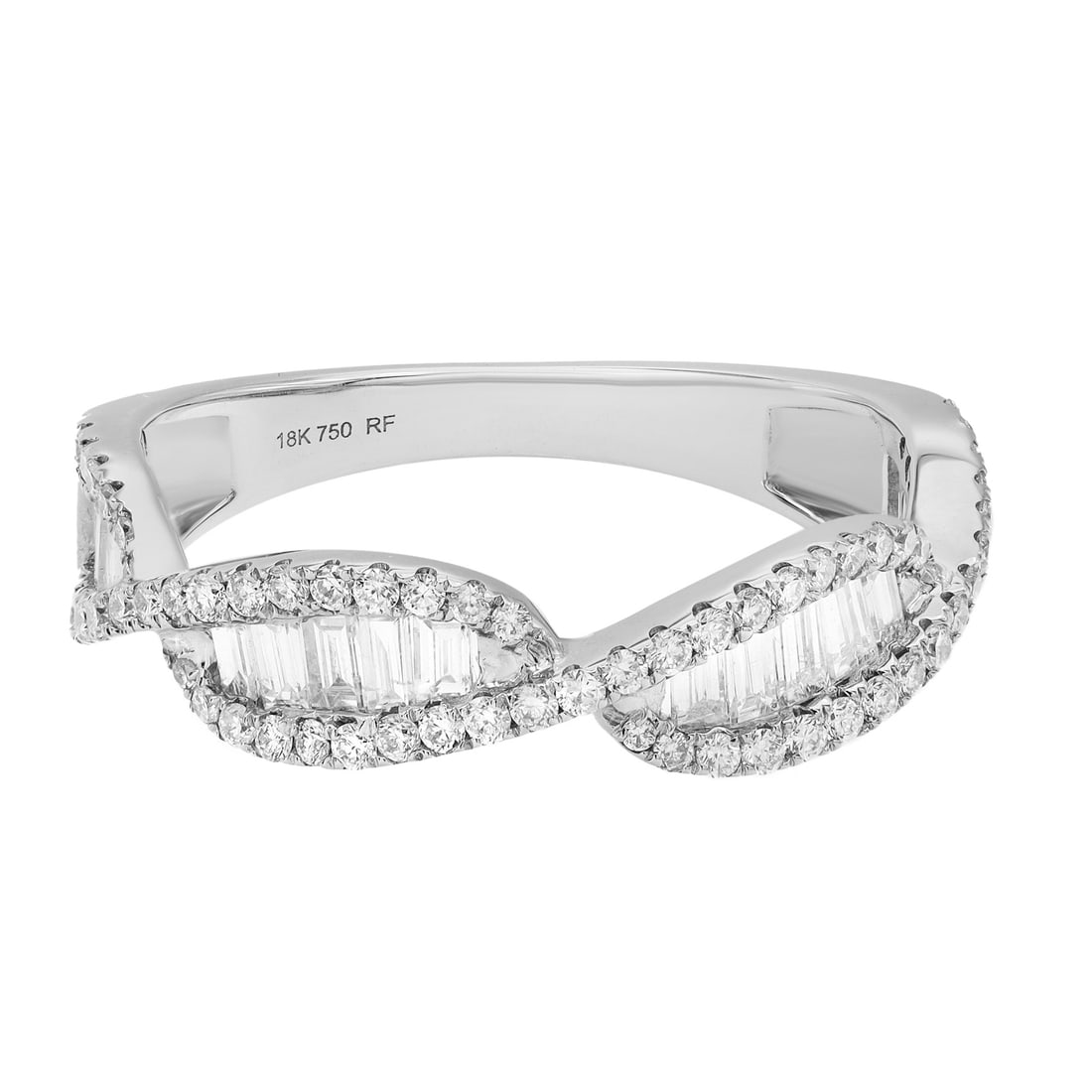 Rachel Koen 18K White Gold Diamond Twist Band Ring 0.84ct Size 6.75: Rachel Koen 18K White Gold Diamond Twist Band Ring 0.84ct Size 6.75 This stunning Baguette & Round Cut Diamond Twist Band Ring is a symbol of elegance and sophistication. Crafted from bright 18K white
