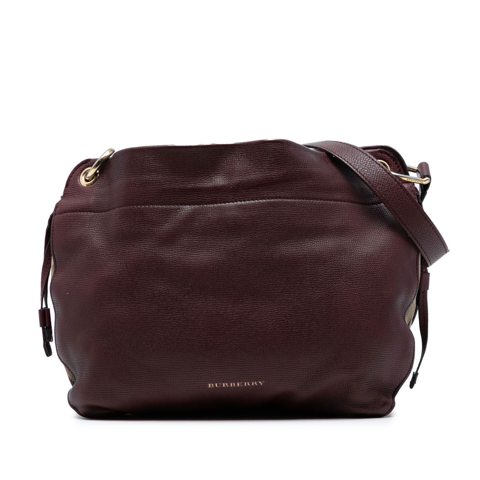 Burberry Bingley Crossbody Bag in Red Calfskin and Check Canvas: Burberry Bingley Crossbody Bag in Red Calfskin and Check Canvas Elevate your style with the Burberry Small Grainy Calfskin and House Check Canvas Bingley Crossbody. This chic accessory features a dura