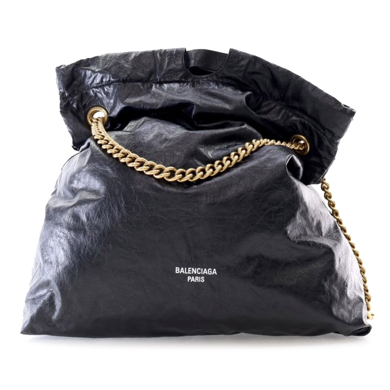 Balenciaga Crush Medium Black Calf Leather Tote Bag with Chain Strap: Balenciaga Crush Medium Black Calf Leather Tote Bag with Chain Strap This Balenciaga Medium Calfskin Crush Tote showcases a calf leather body in black, featuring a sliding chain link strap, an open to