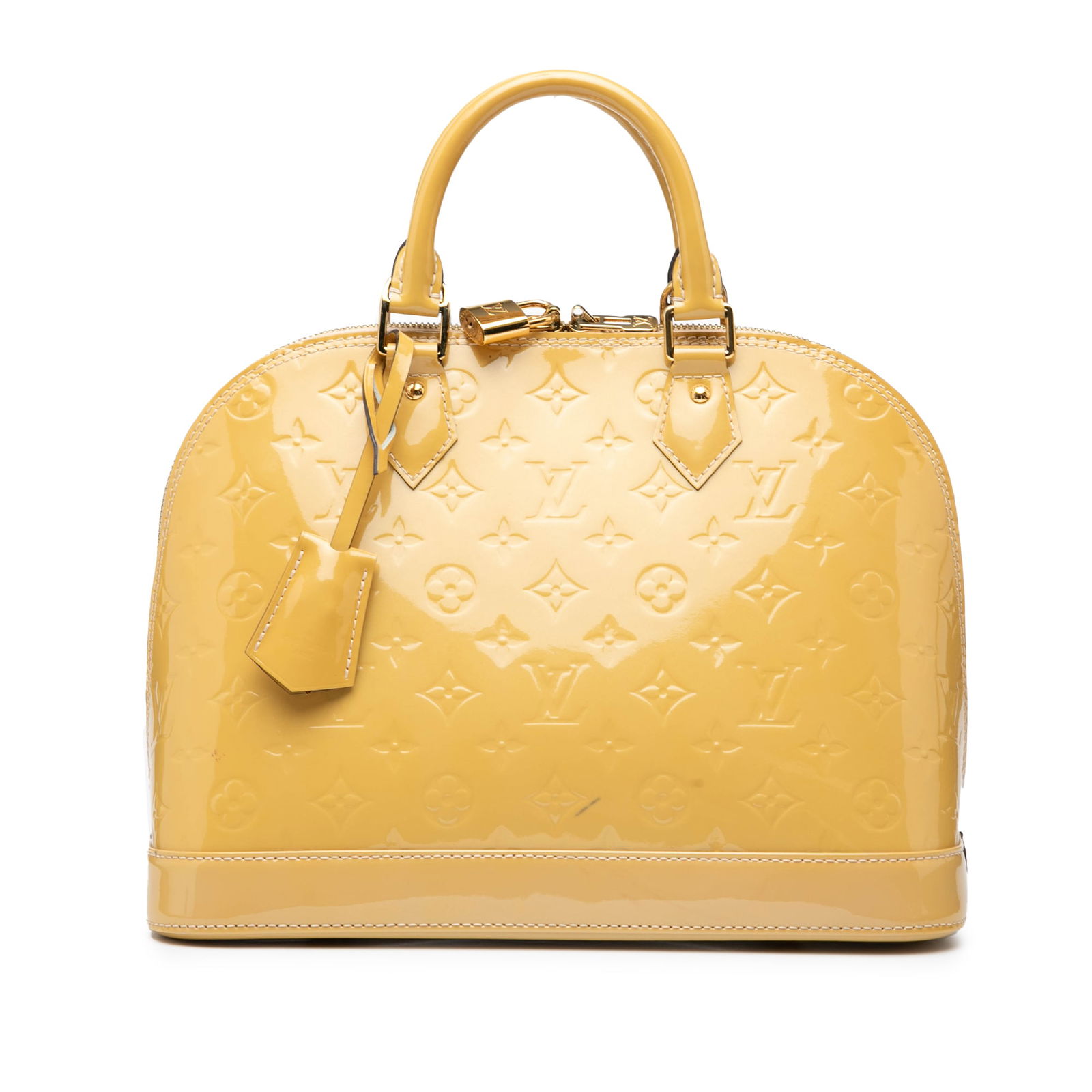 Alma PM Handbag in Monogram Vernis Leather by Louis Vuitton: Alma PM Handbag in Monogram Vernis Leather by Louis Vuitton This Louis Vuitton Monogram Vernis Alma PM handbag features a monogram vernis leather body with a glossy finish, rolled leather handles, a t