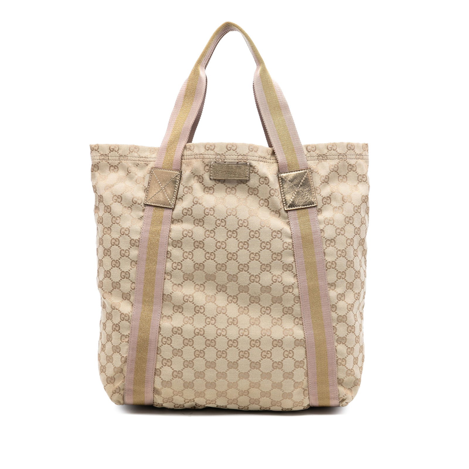 GG Canvas Web Brown Tote Bag by Gucci: GG Canvas Web Brown Tote Bag by Gucci This Gucci GG Canvas Web Tote features a brown fabric body with flat straps, an open top, and interior slip pockets. The bag displays signs of wear, including sta
