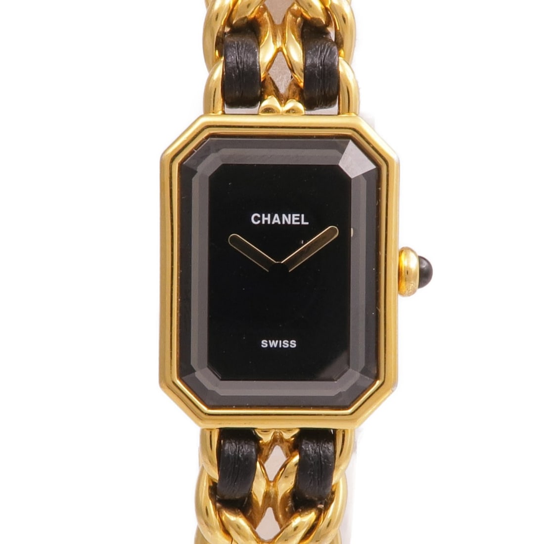 Chanel Premiere Quartz Black Dial Gold Plated Leather Strap Watch H0001: Chanel Premiere Quartz Black Dial Gold Plated Leather Strap Watch H0001 This CHANEL Premiere S H0001 wristwatch features a gold-plated case and band with a classic black dial and frame. The watch is p