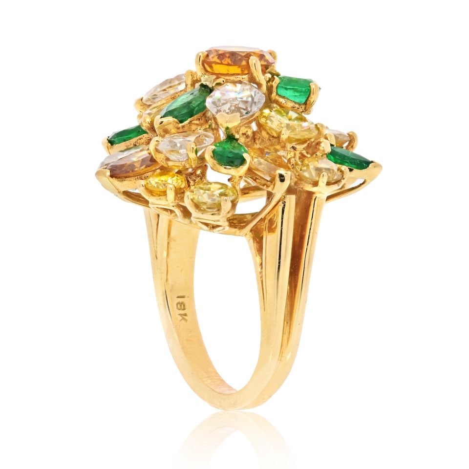 Vintage 18K Yellow Gold Tutti Frutti Diamond Emerald Sapphire Ring: Vintage 18K Yellow Gold Tutti Frutti Diamond Emerald Sapphire Ring This exquisite 18K Yellow Gold Tutti Frutti Diamond and Color Stones Ring is a stunning example of vintage elegance. The ring feature