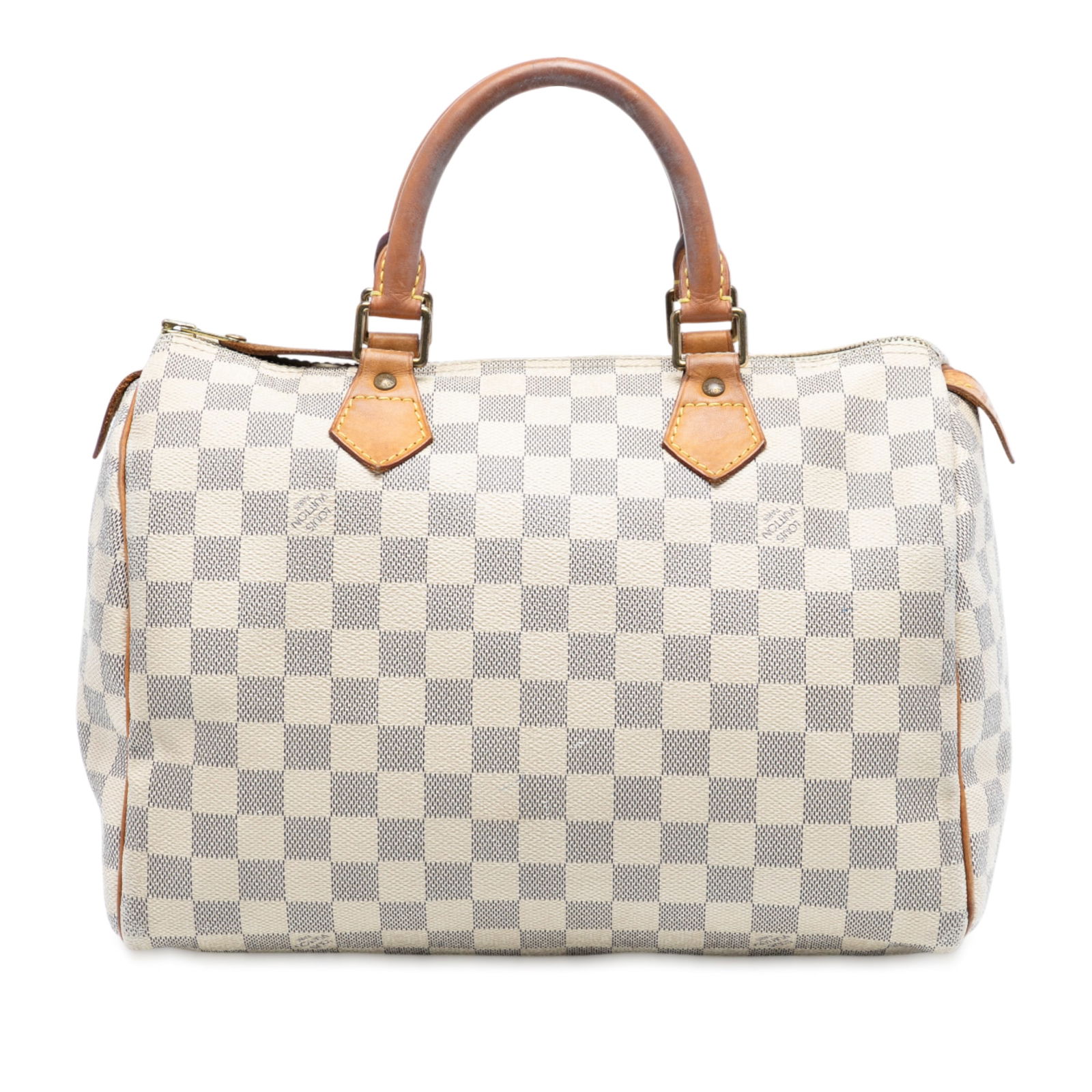 Louis Vuitton Speedy 30 Handbag in Damier Azur Canvas with Leather Trim: Louis Vuitton Speedy 30 Handbag in Damier Azur Canvas with Leather Trim This Louis Vuitton Speedy 30 features the signature Damier Azur canvas with vachetta leather trim and rolled vachetta leather ha