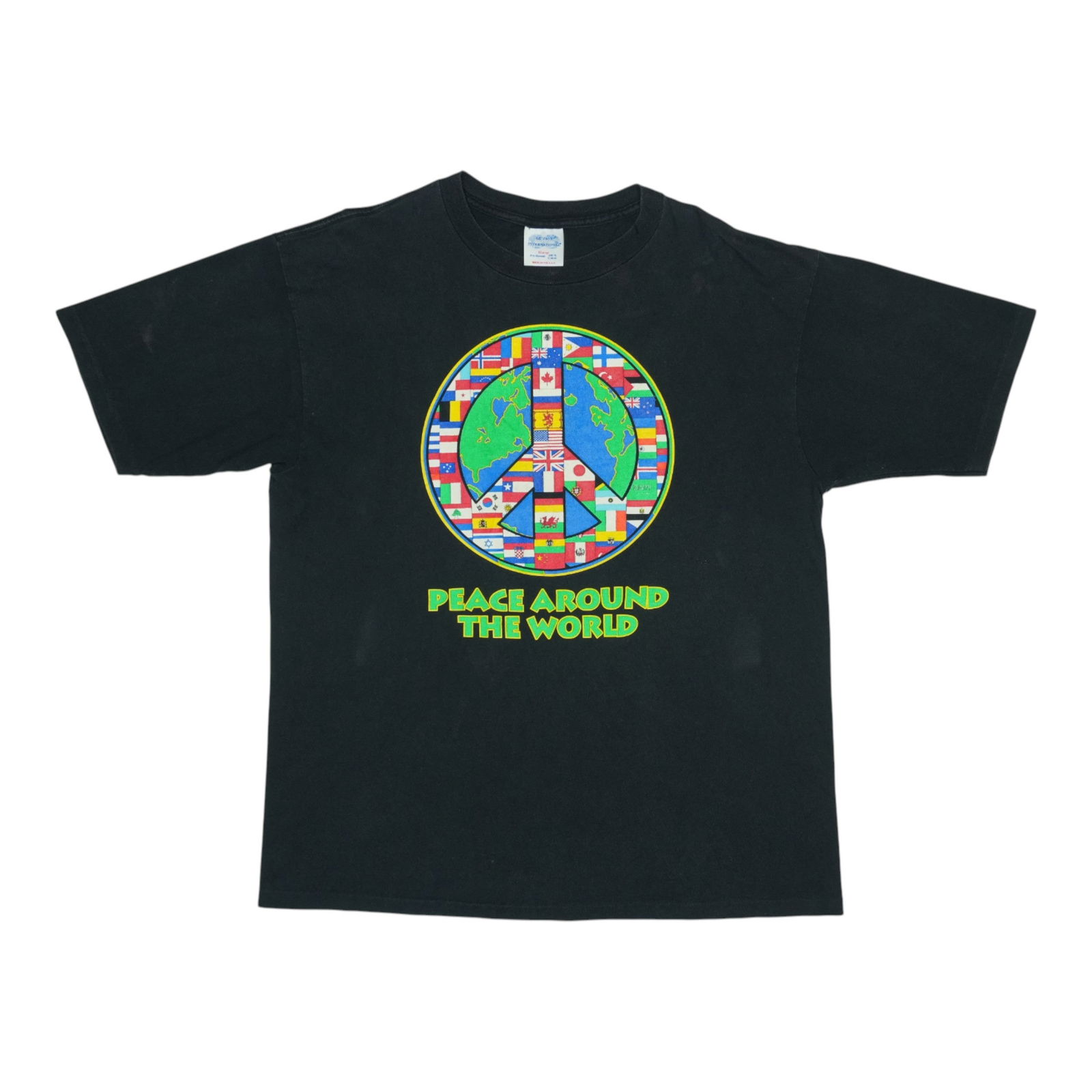 Vintage 1990s Black Peace Around The World Shirt XL Cotton: Vintage 1990s Black Peace Around The World Shirt XL Cotton Embrace a piece of history with this original vintage 1990s Peace Around The World Shirt. Crafted from 100% cotton, this shirt features a str