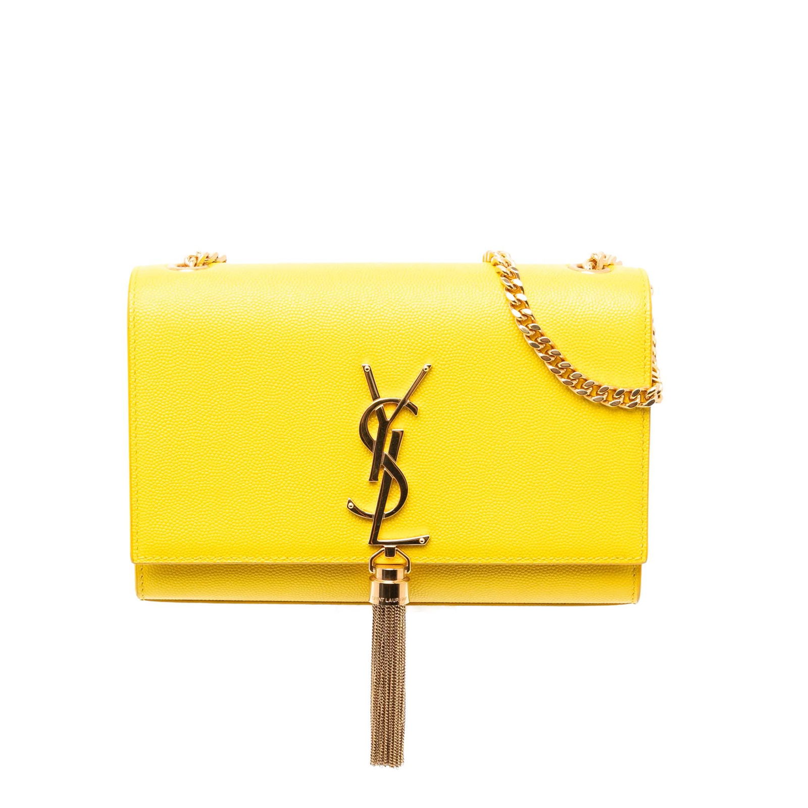 Saint Laurent Monogram Kate Yellow Leather Crossbody Bag: Saint Laurent Monogram Kate Yellow Leather Crossbody Bag Introducing the Saint Laurent Small Grain de Poudre Monogram Kate Tassel Crossbody, an elegant accessory crafted from high-quality leather. Thi