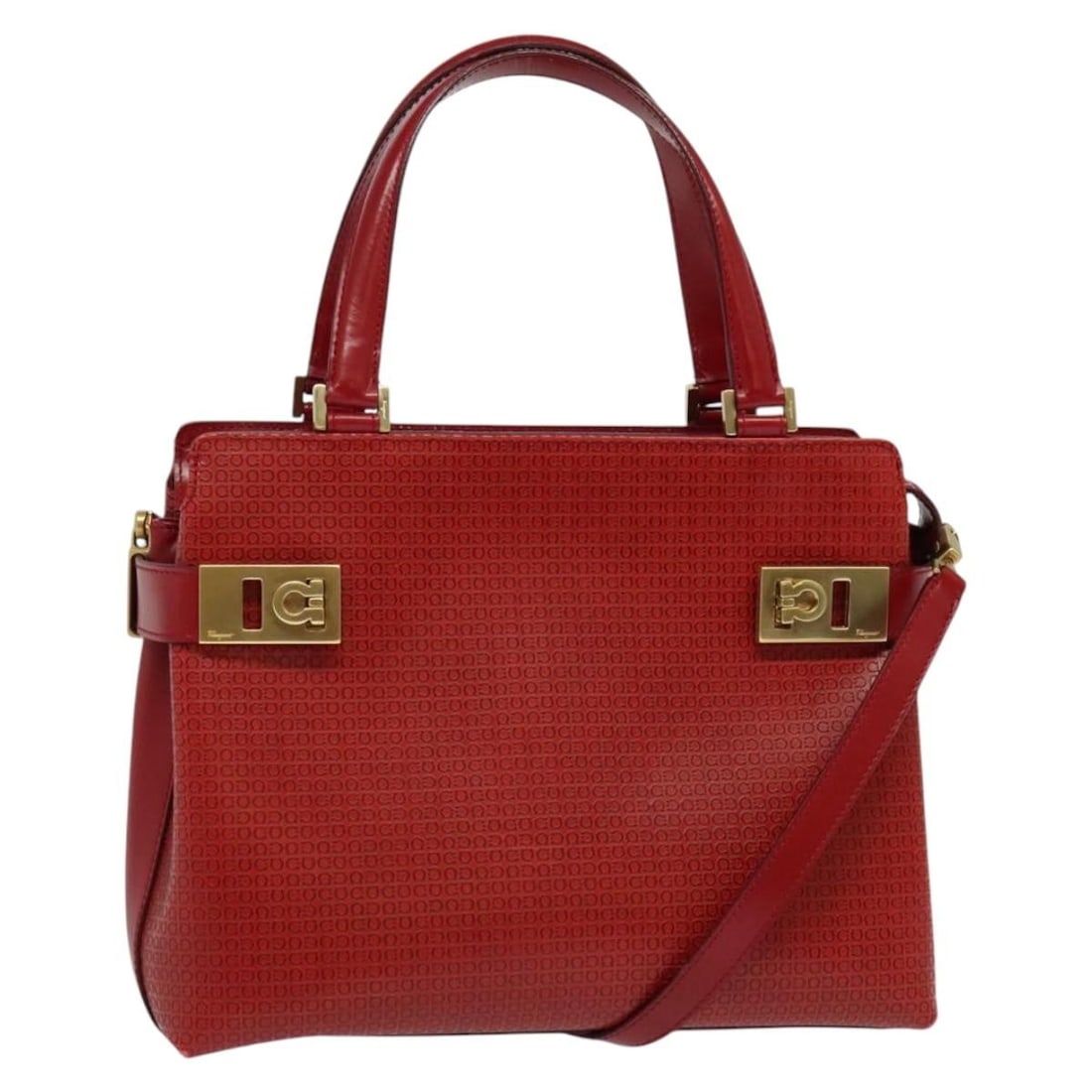 Salvatore Ferragamo Red Gancini Leather Hand Bag 2way Gold Accents Auth 141492 (1 of 18)
