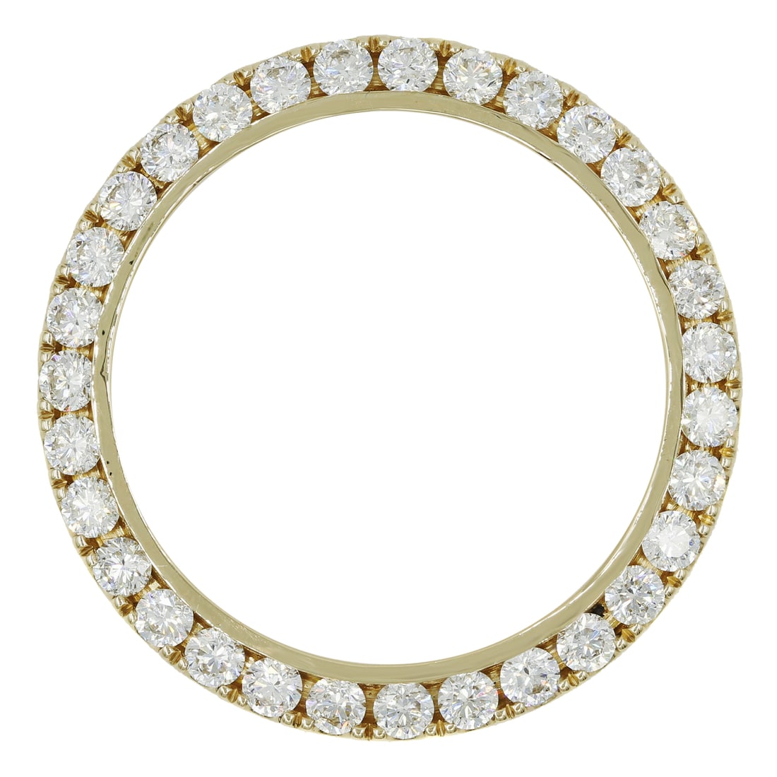 Custom 14K Yellow Gold Rolex Bezel with 6.80ct Diamonds: Custom 14K Yellow Gold Rolex Bezel with 6.80ct Diamonds Elevate your Rolex with this exquisite 41mm bezel crafted from 14K yellow gold and adorned with 6.80 carats of hand-set round diamonds. This cus